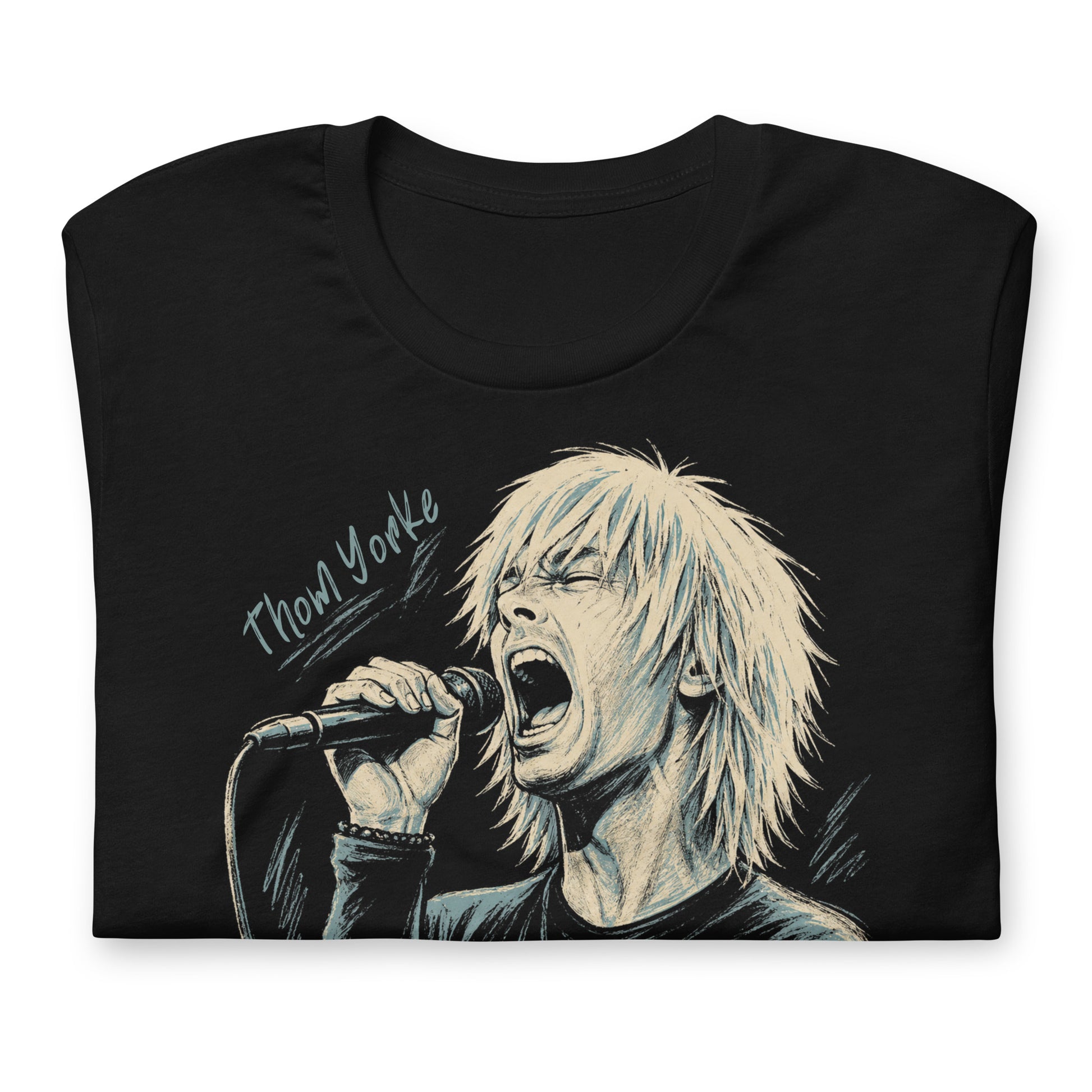 A stylized, high-contrast artistic portrait of Thom Yorke on a black t-shirt, capturing his iconic expressive features and indie rock aesthetic.