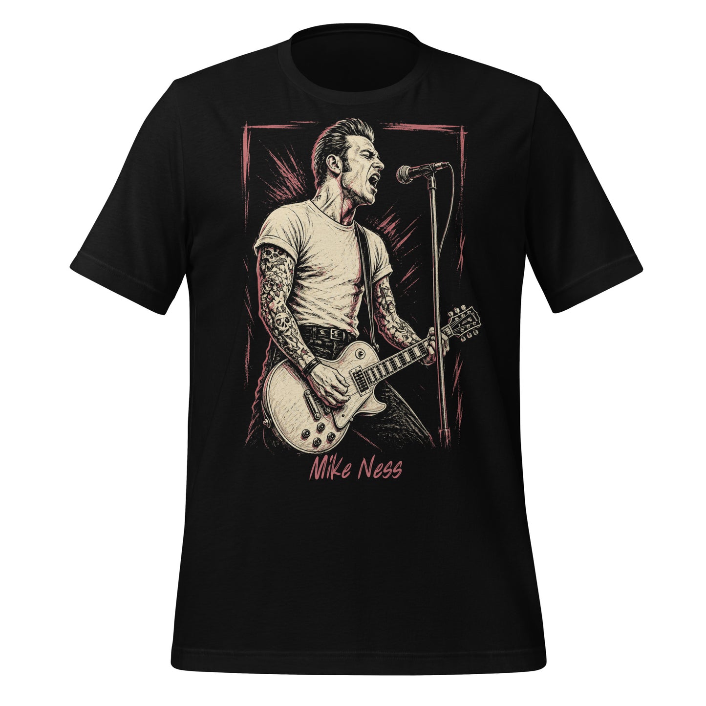 A gritty, high-contrast artistic portrait of Mike Ness on a black t-shirt, featuring his iconic tattoos and 1950s-inspired greaser aesthetic.