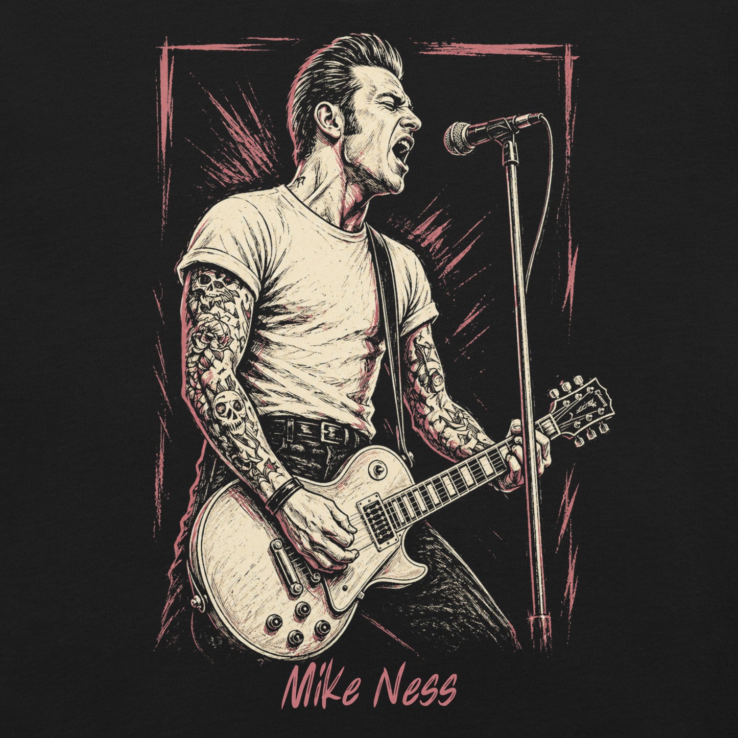 A gritty, high-contrast artistic portrait of Mike Ness on a black t-shirt, featuring his iconic tattoos and 1950s-inspired greaser aesthetic.