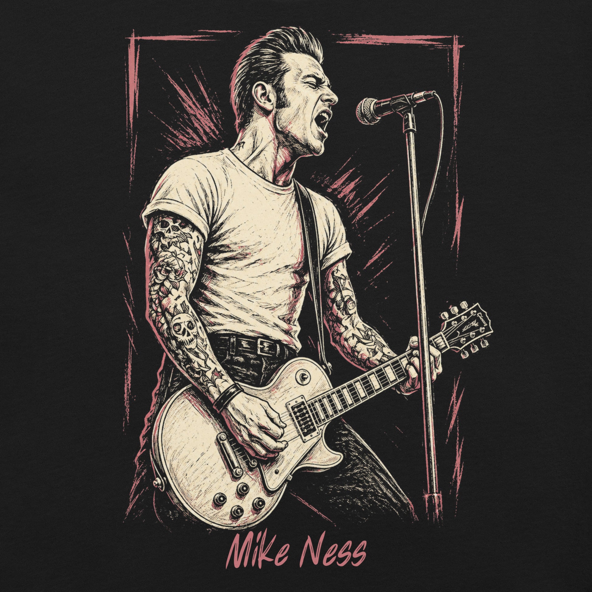 A gritty, high-contrast artistic portrait of Mike Ness on a black t-shirt, featuring his iconic tattoos and 1950s-inspired greaser aesthetic.