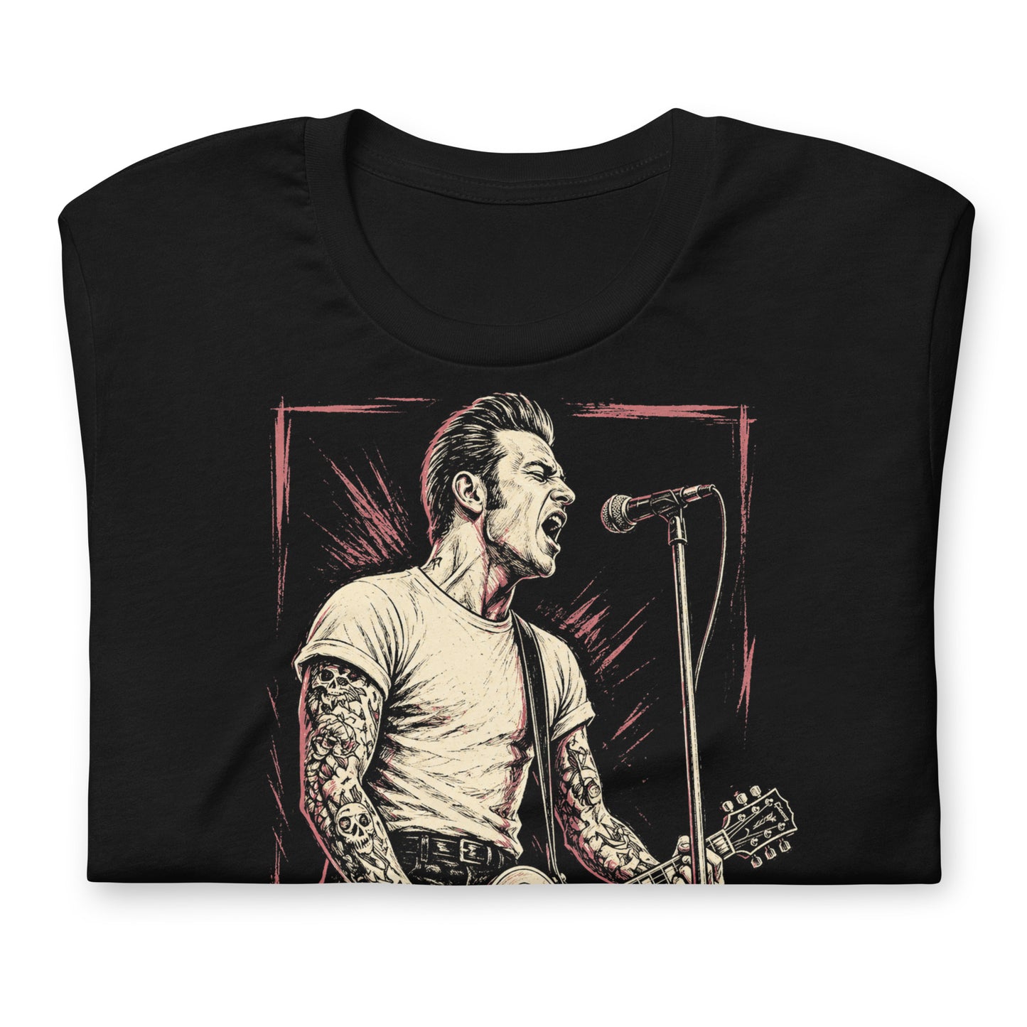 A gritty, high-contrast artistic portrait of Mike Ness on a black t-shirt, featuring his iconic tattoos and 1950s-inspired greaser aesthetic.