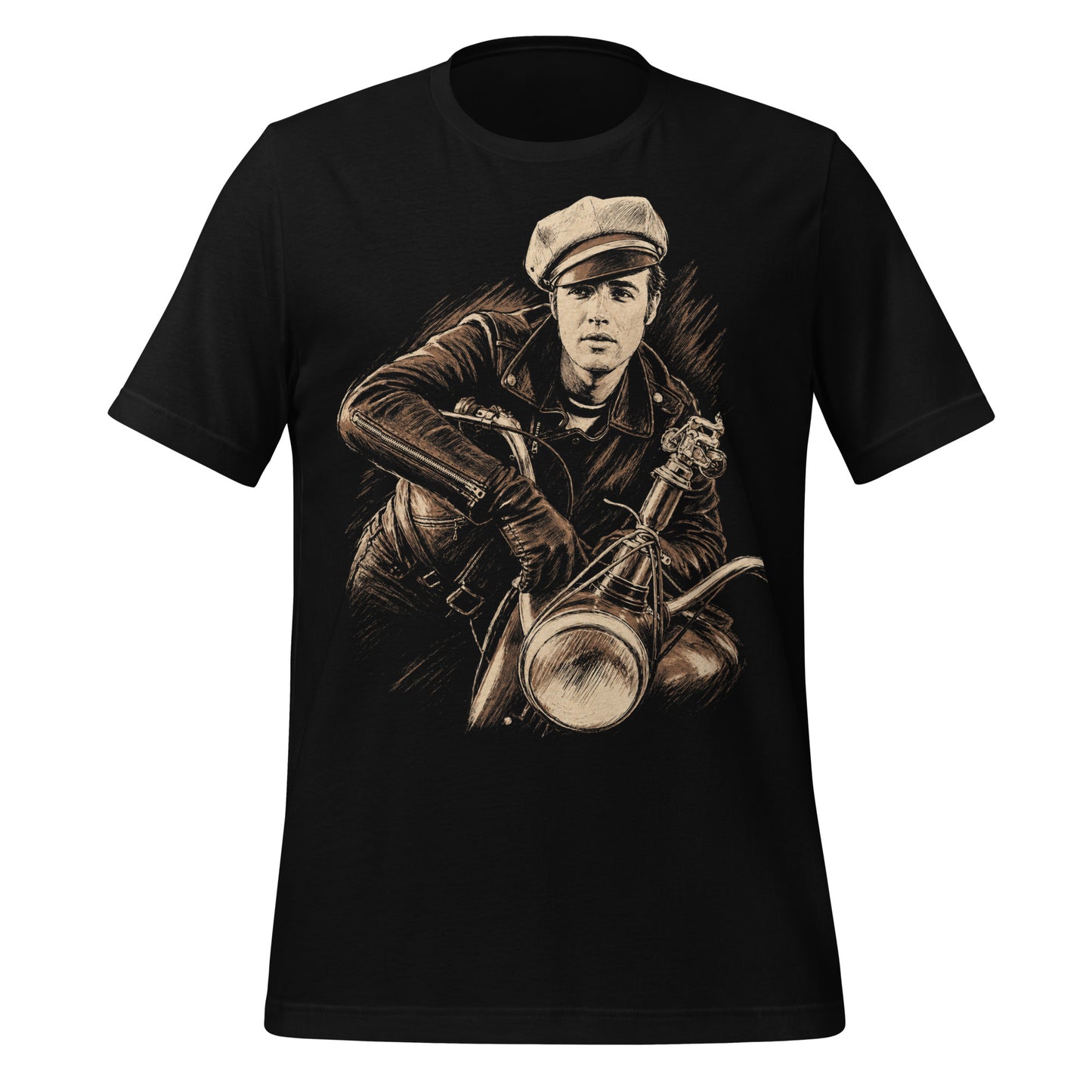 A high-contrast artistic portrait of Marlon Brando as Johnny from The Wild One on a black t-shirt, featuring his iconic tilted biker cap and leather jacket.
