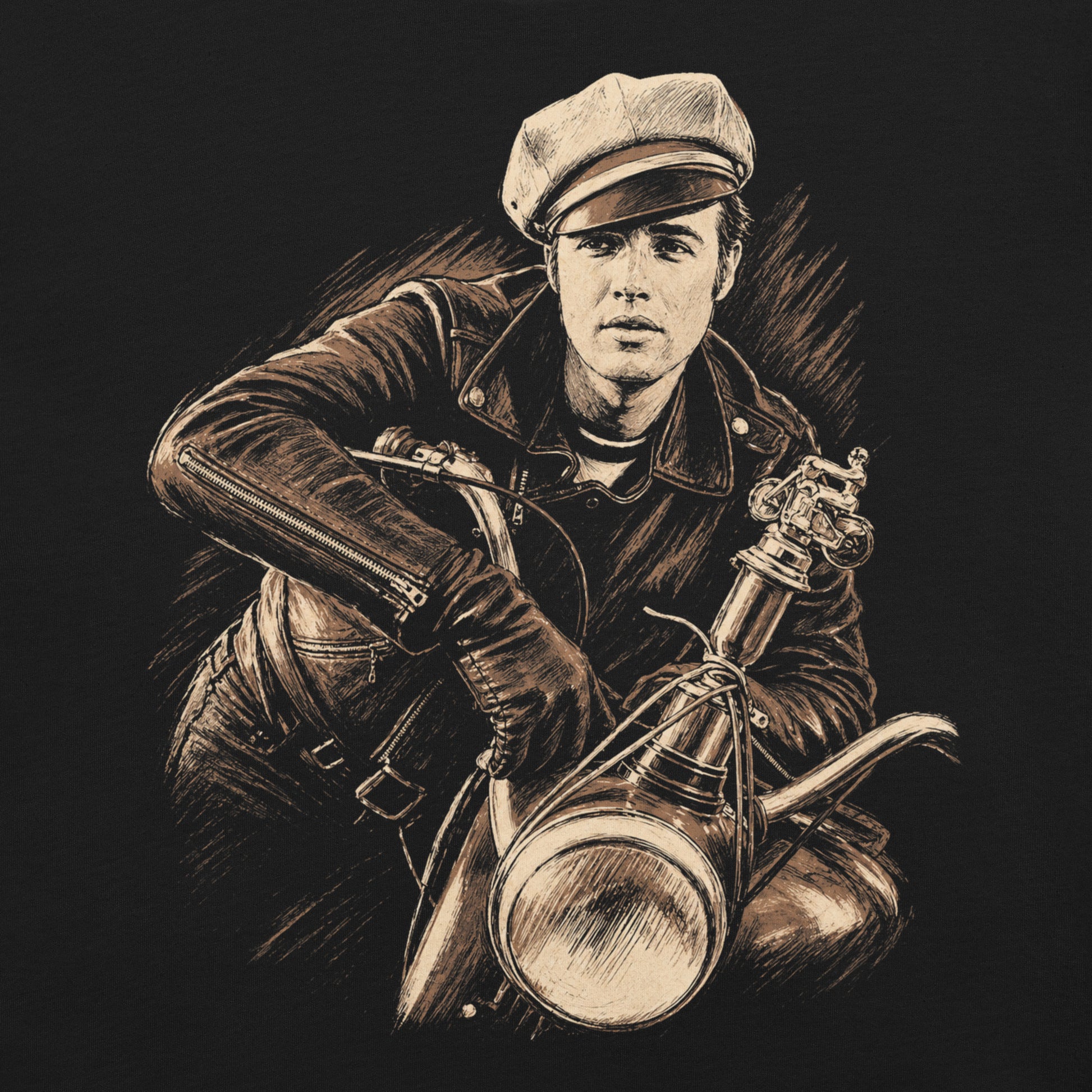 A high-contrast artistic portrait of Marlon Brando as Johnny from The Wild One on a black t-shirt, featuring his iconic tilted biker cap and leather jacket.