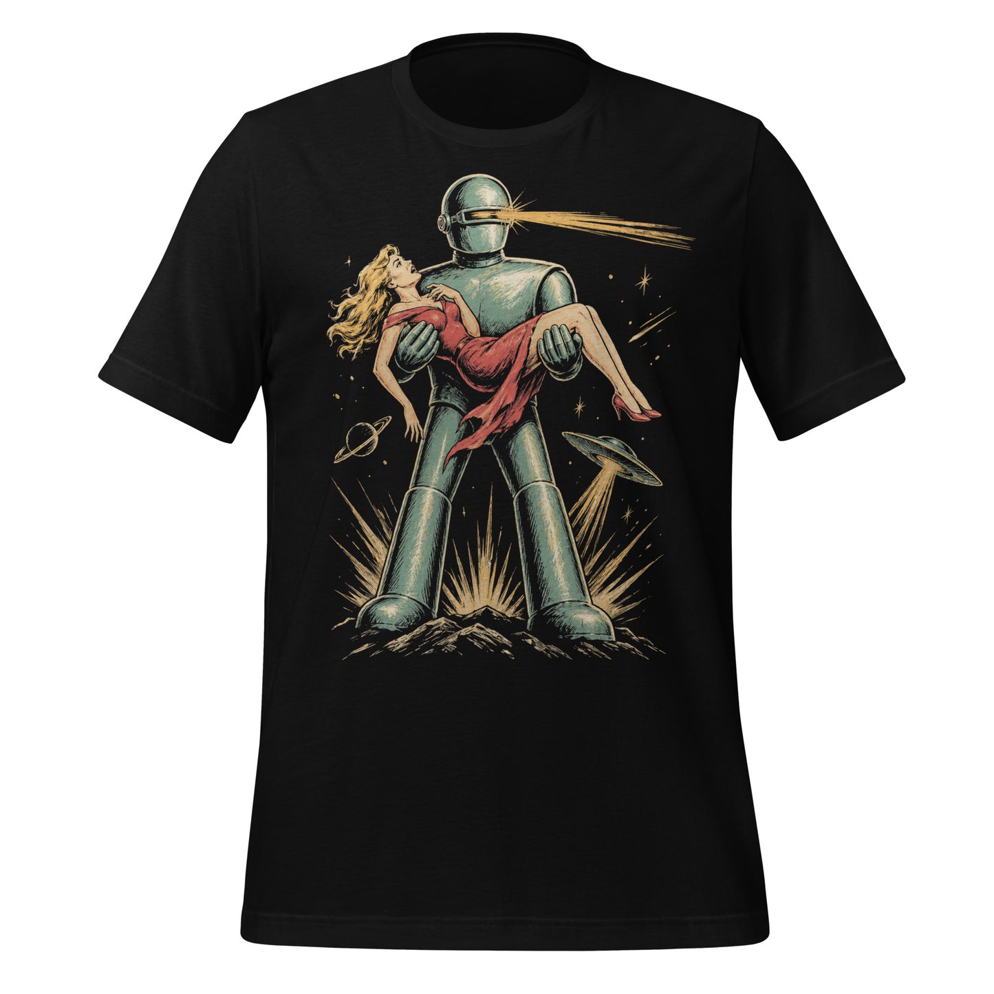 A retro, high-contrast graphic on a black t-shirt featuring the robot Gort from the 1951 film The Day The Earth Stood Still, with a sleek metallic aesthetic