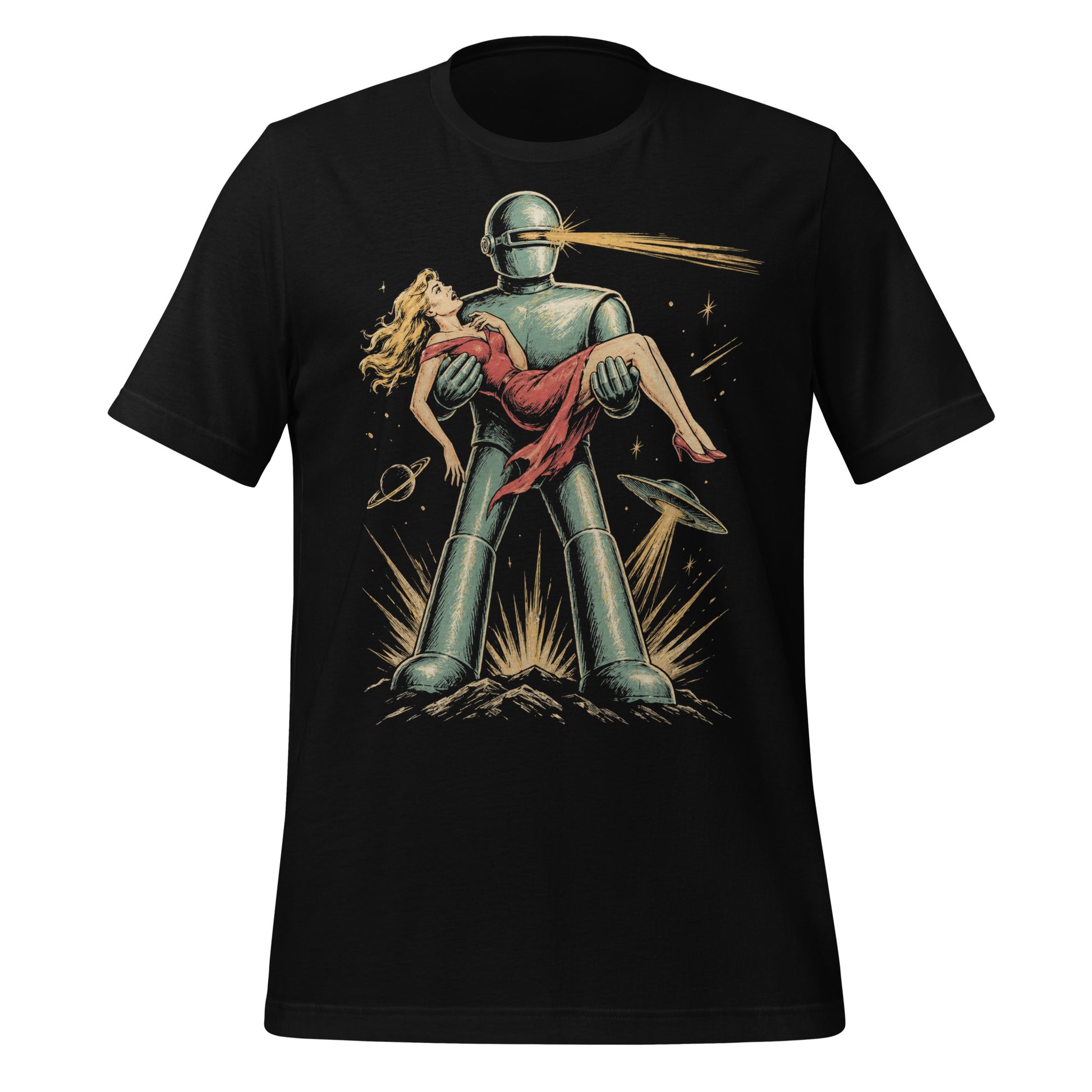 A retro, high-contrast graphic on a black t-shirt featuring the robot Gort from the 1951 film The Day The Earth Stood Still, with a sleek metallic aesthetic