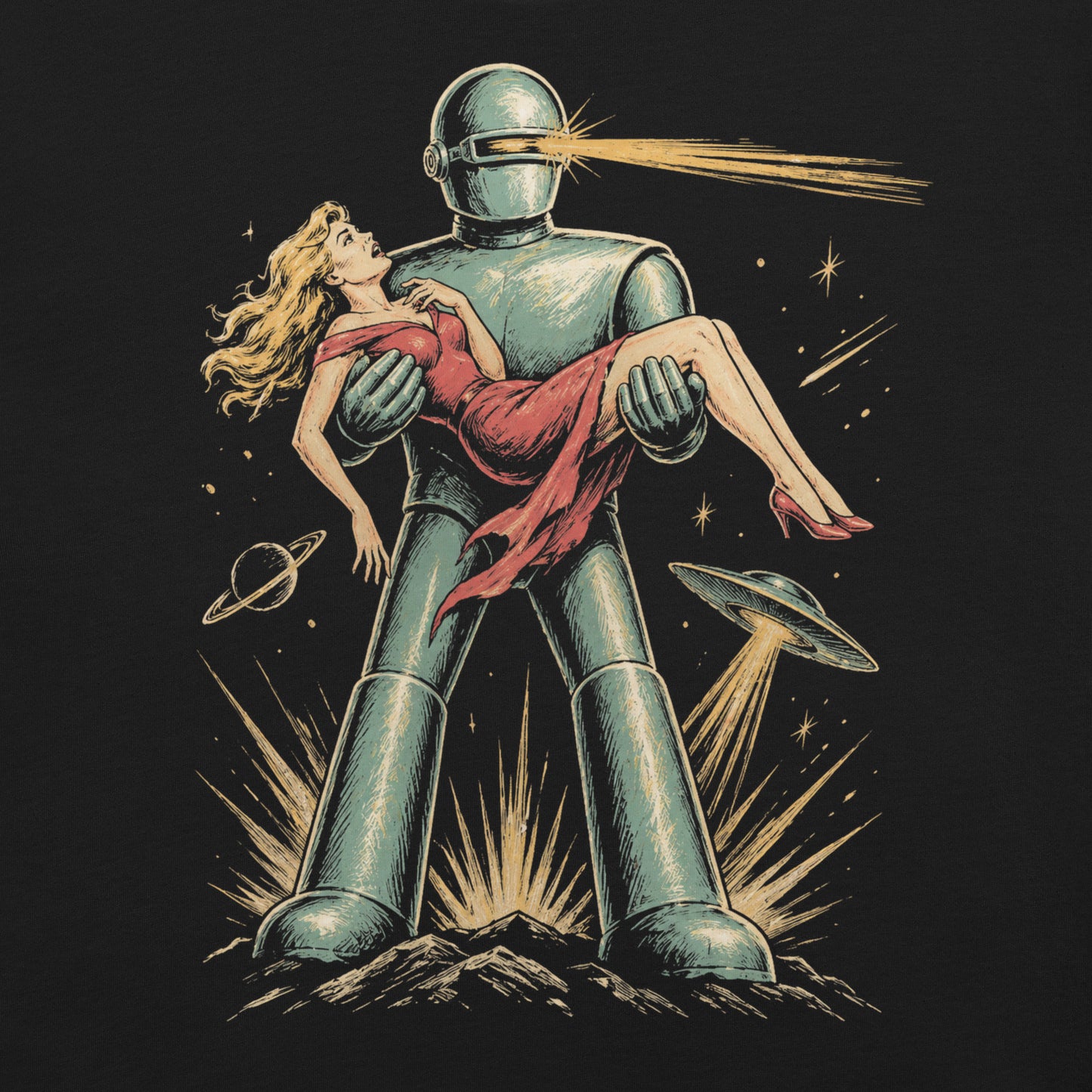 A retro, high-contrast graphic on a black t-shirt featuring the robot Gort from the 1951 film The Day The Earth Stood Still, with a sleek metallic aesthetic