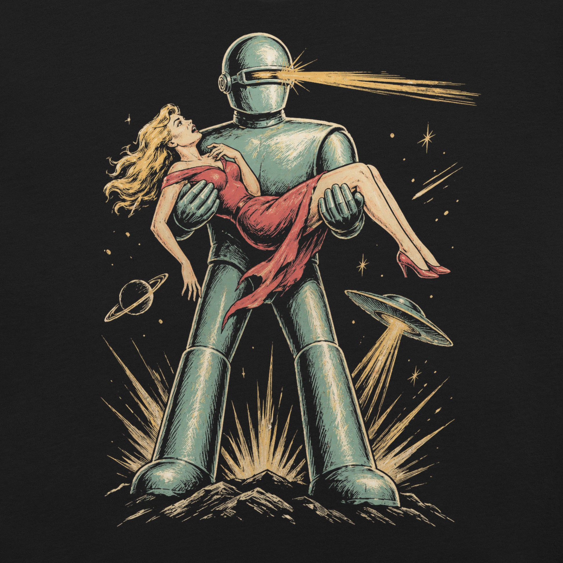 A retro, high-contrast graphic on a black t-shirt featuring the robot Gort from the 1951 film The Day The Earth Stood Still, with a sleek metallic aesthetic