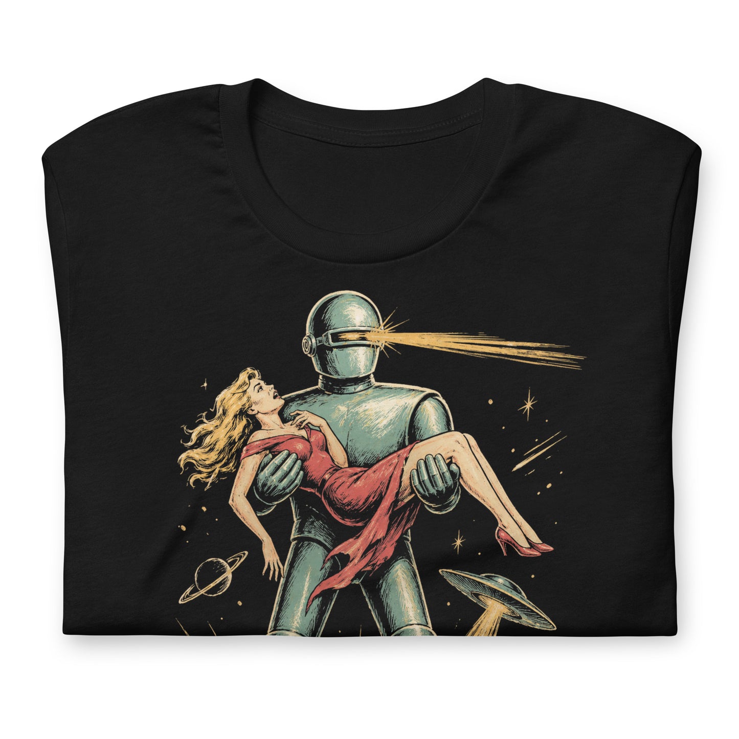 A retro, high-contrast graphic on a black t-shirt featuring the robot Gort from the 1951 film The Day The Earth Stood Still, with a sleek metallic aesthetic