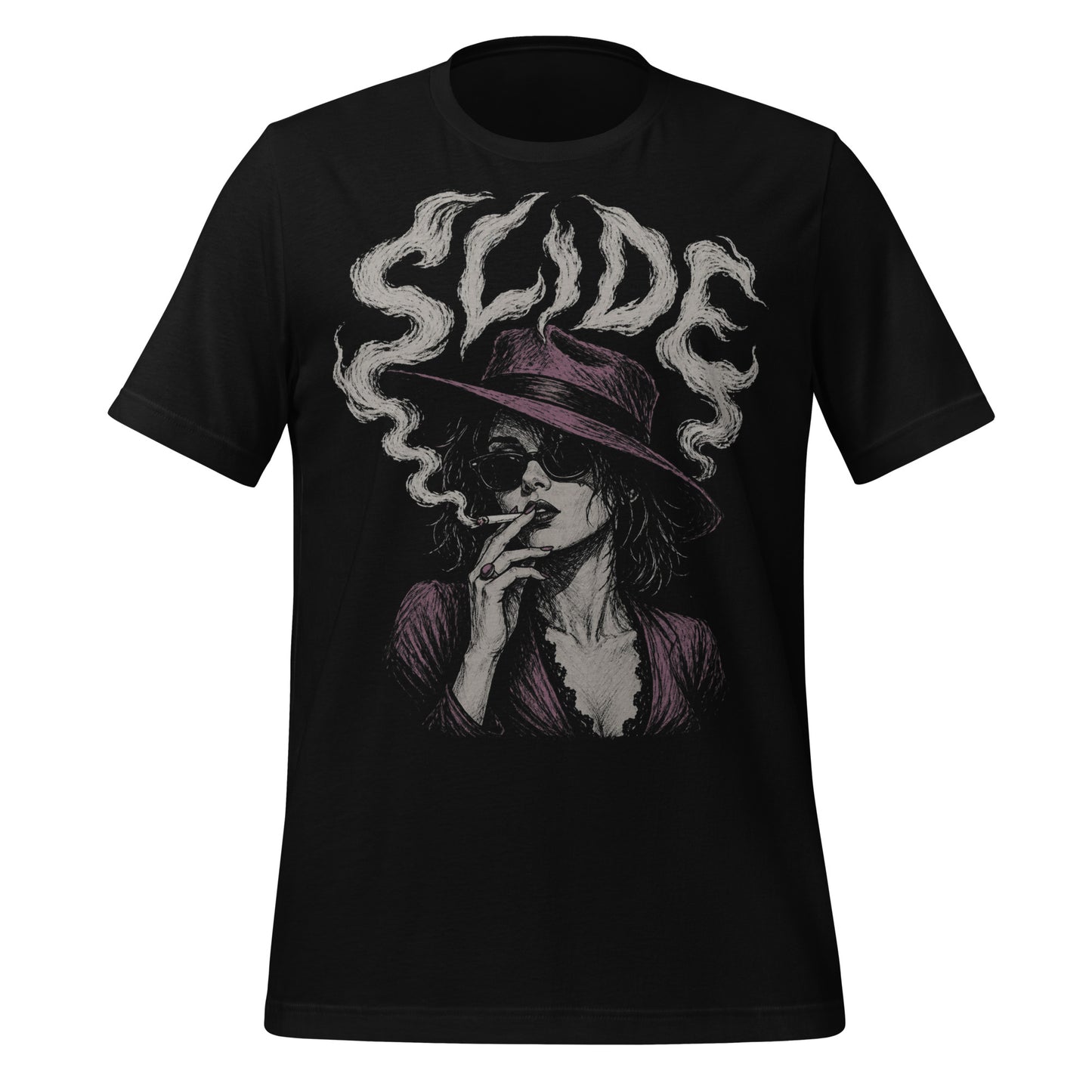 A gritty, high-contrast artistic portrait of Marla Singer on a black t-shirt, featuring her iconic stoic nature, sunglasses, and a cigarette.
