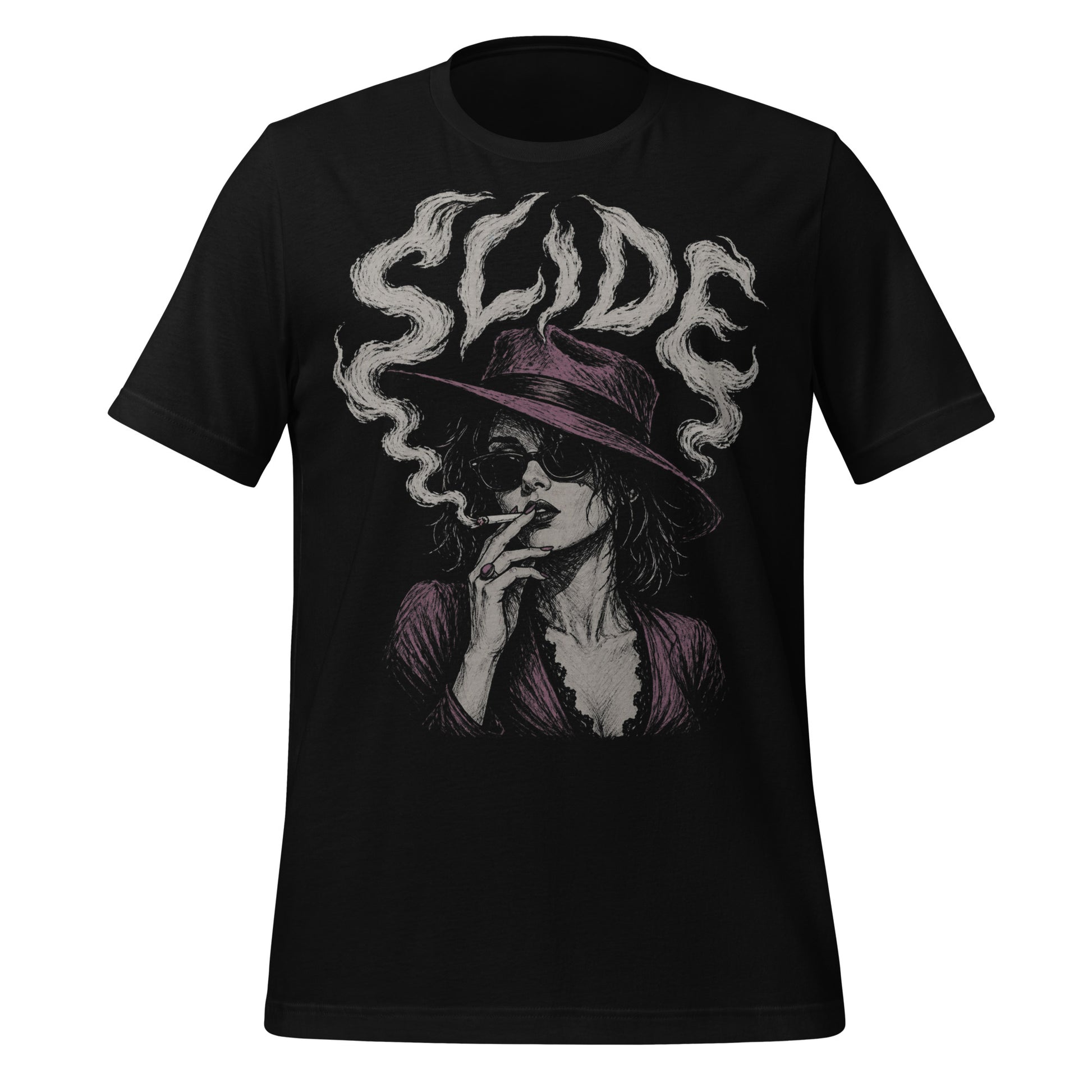 A gritty, high-contrast artistic portrait of Marla Singer on a black t-shirt, featuring her iconic stoic nature, sunglasses, and a cigarette.