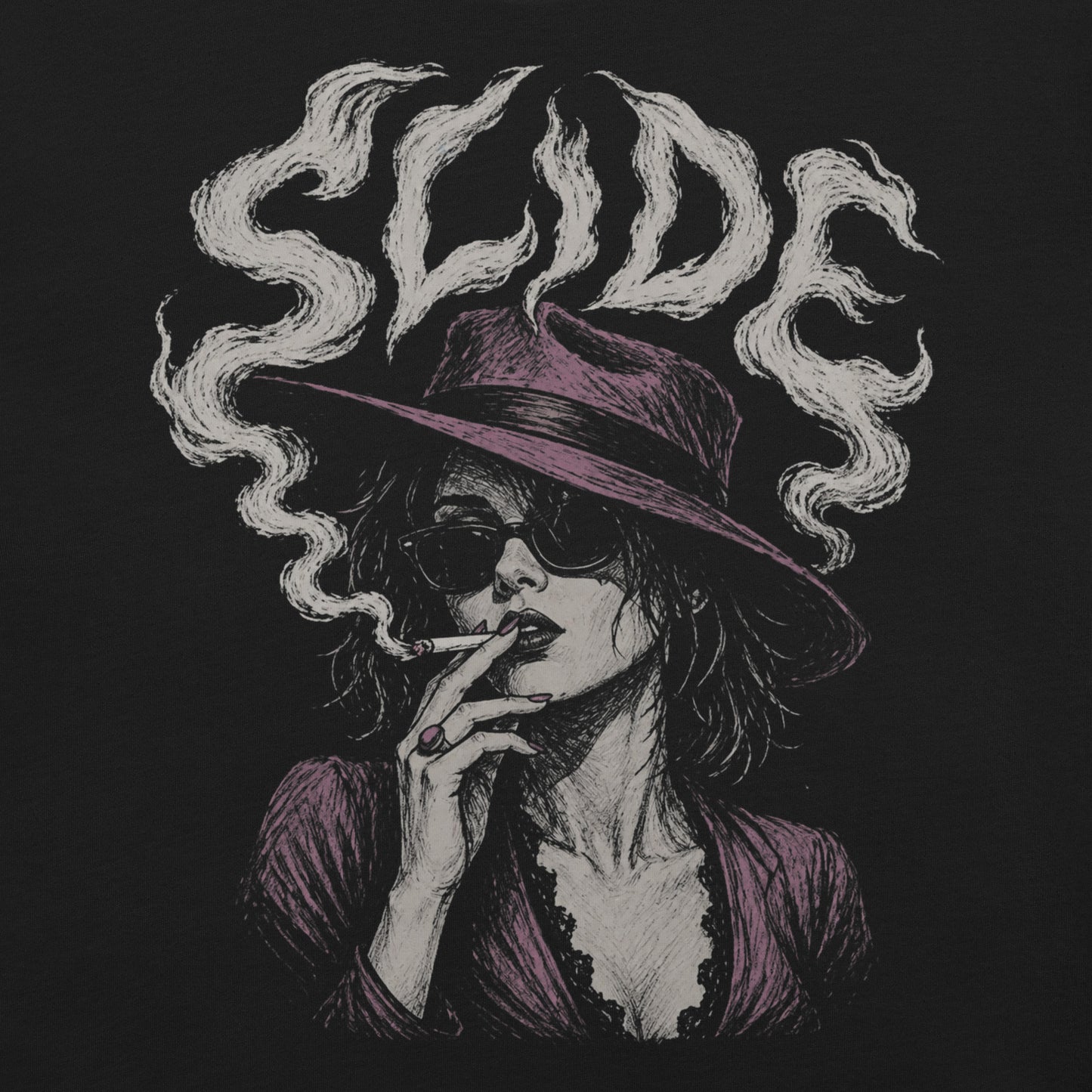 A gritty, high-contrast artistic portrait of Marla Singer on a black t-shirt, featuring her iconic stoic nature, sunglasses, and a cigarette.