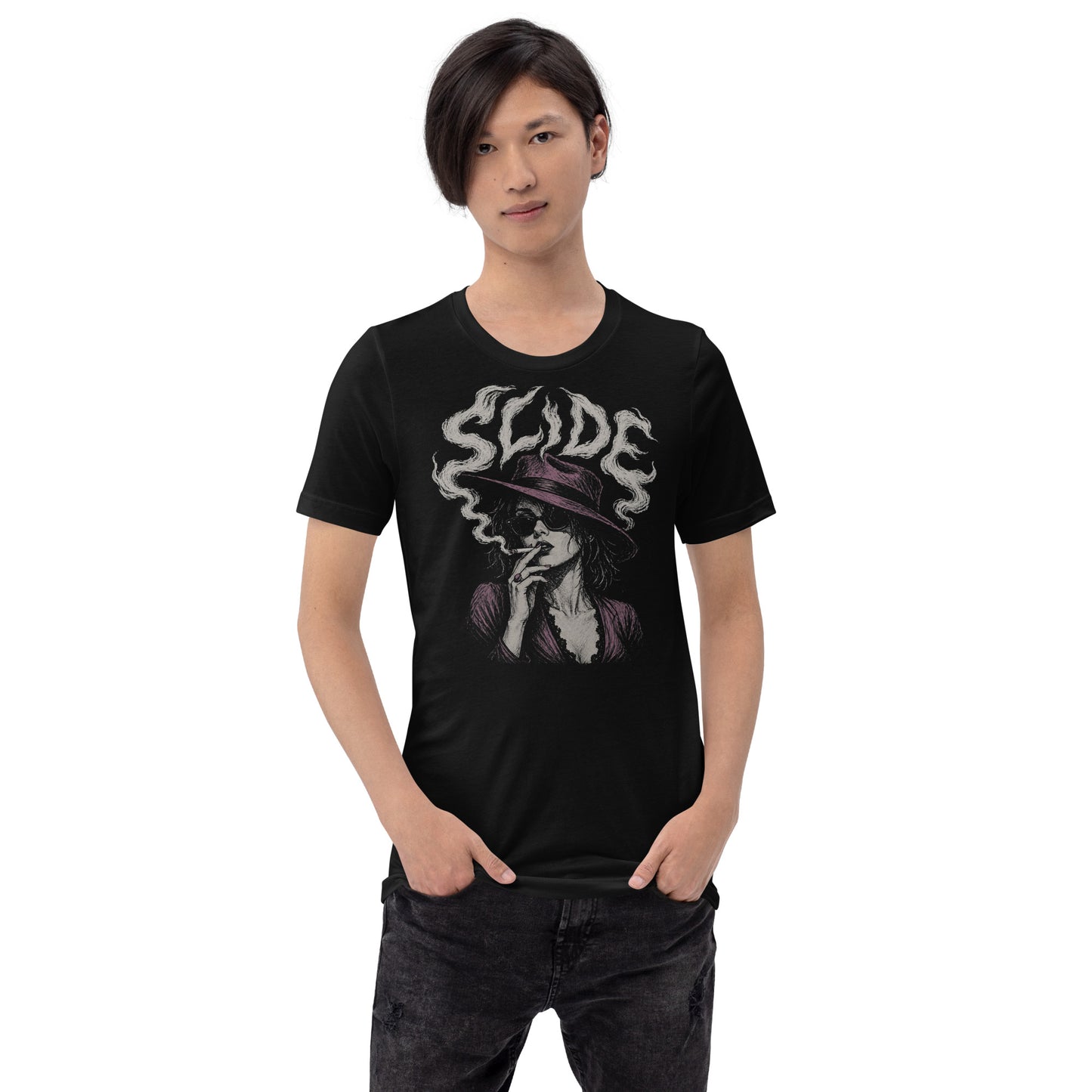 A young man wearing A gritty, high-contrast artistic portrait of Marla Singer on a black t-shirt, featuring her iconic stoic nature, sunglasses, and a cigarette.