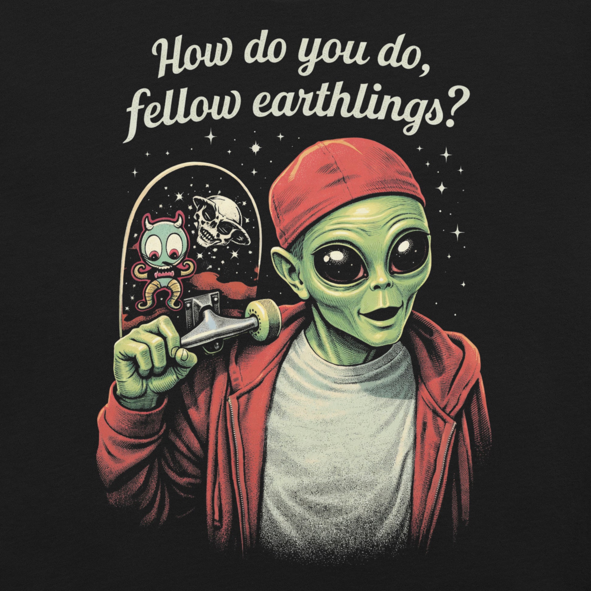 A retro-style graphic on a black t-shirt featuring a green alien on a skateboard, wearing a red hat and holding a skateboard, with the text "FELLOW EARTHLINGS.