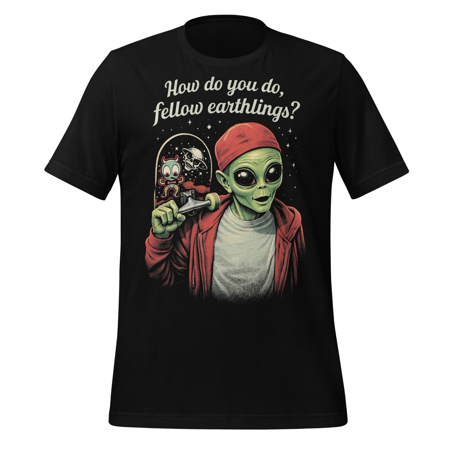 A retro-style graphic on a black t-shirt featuring a green alien on a skateboard, wearing a red hat and holding a skateboard, with the text "FELLOW EARTHLINGS.