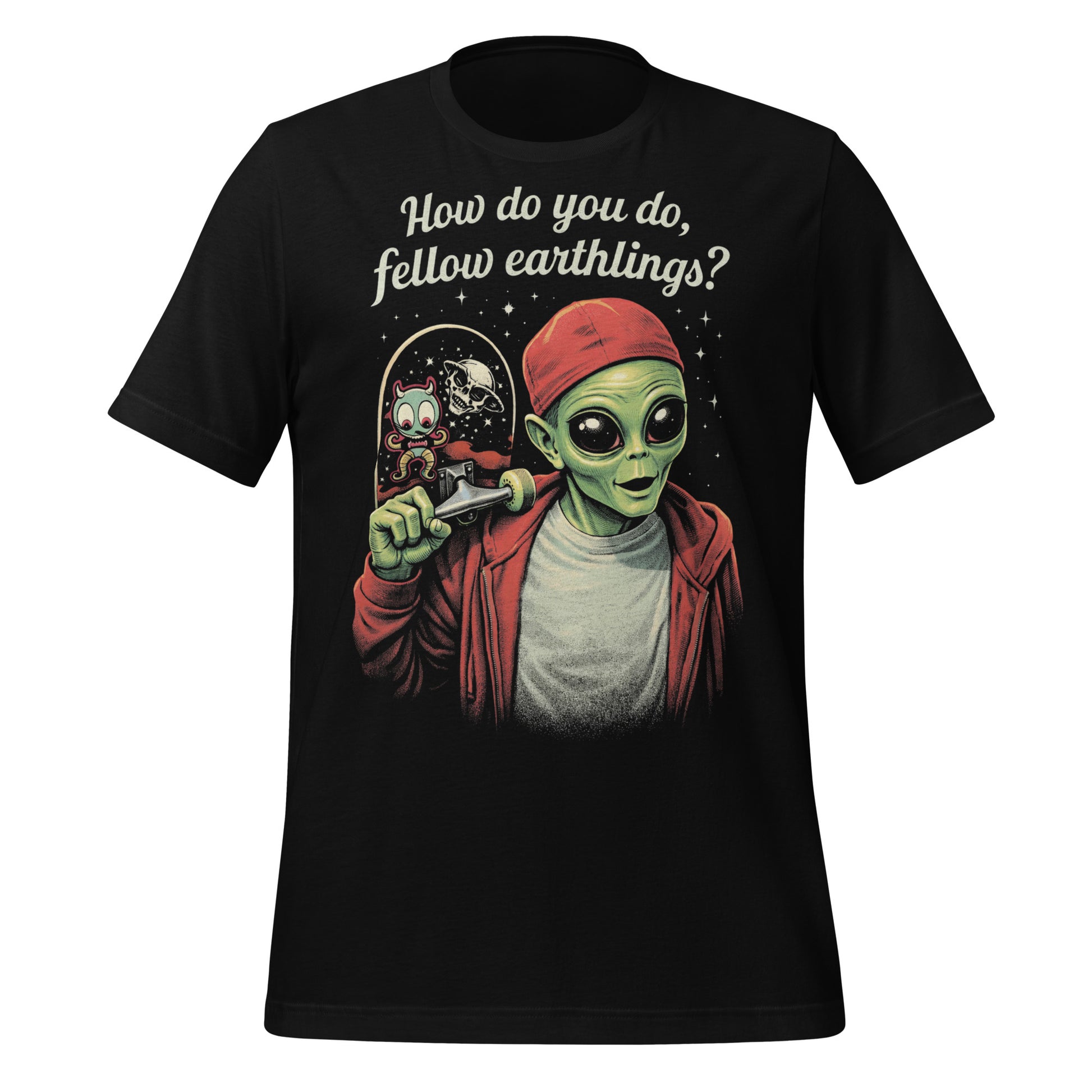 A retro-style graphic on a black t-shirt featuring a green alien on a skateboard, wearing a red hat and holding a skateboard, with the text "FELLOW EARTHLINGS.
