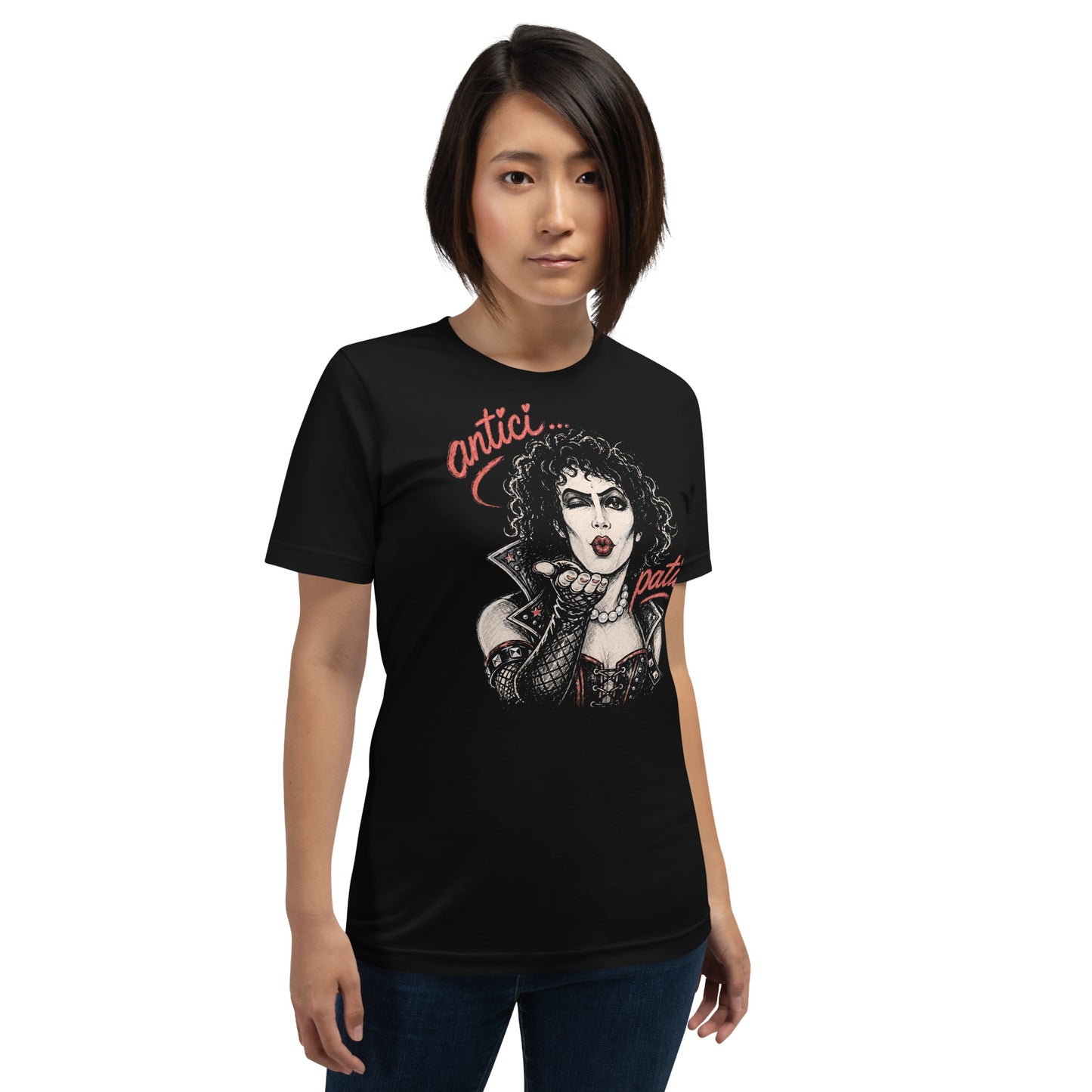 A gritty, high-contrast artistic portrait of Frank N. Furter on a black t-shirt, featuring his iconic curls and makeup with the word "ANTICIPATION" in distressed lipstick lettering.