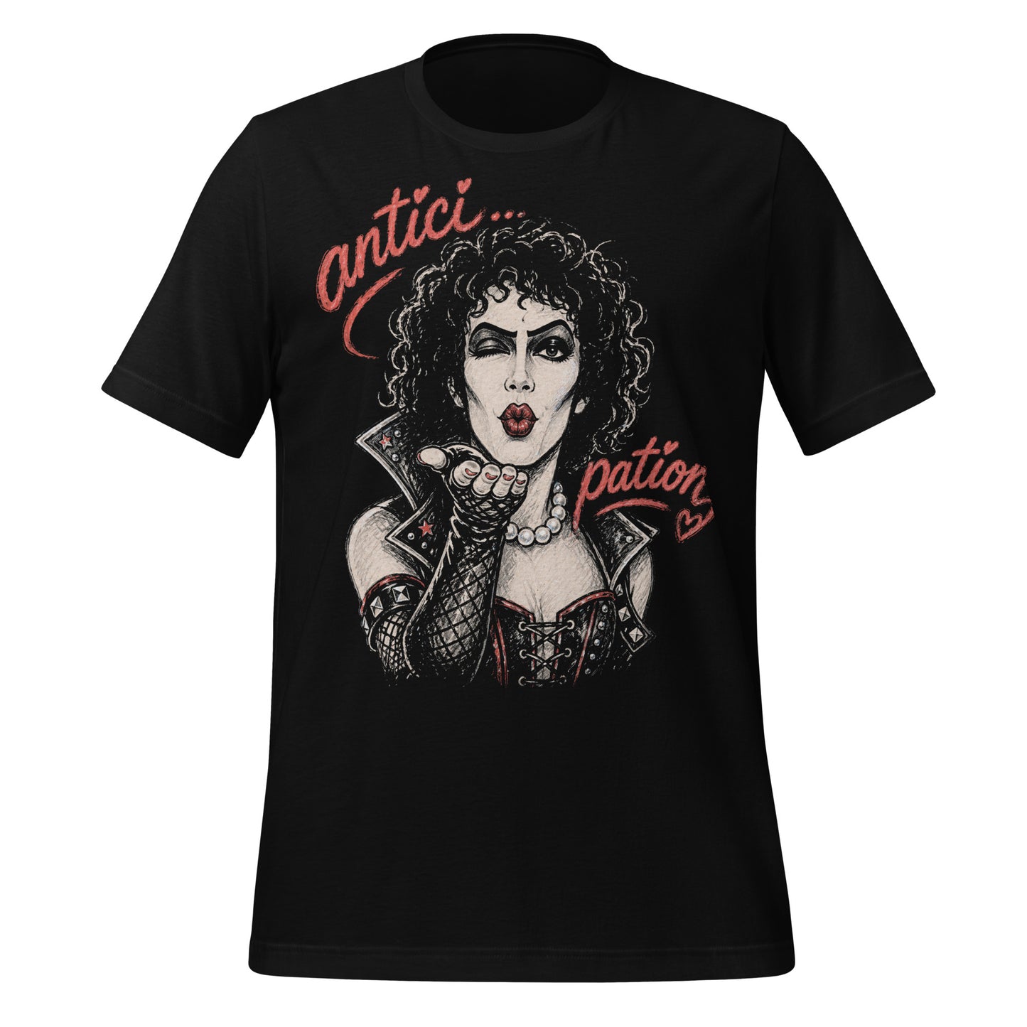 A gritty, high-contrast artistic portrait of Frank N. Furter on a black t-shirt, featuring his iconic curls and makeup with the word "ANTICIPATION" in distressed lipstick lettering.