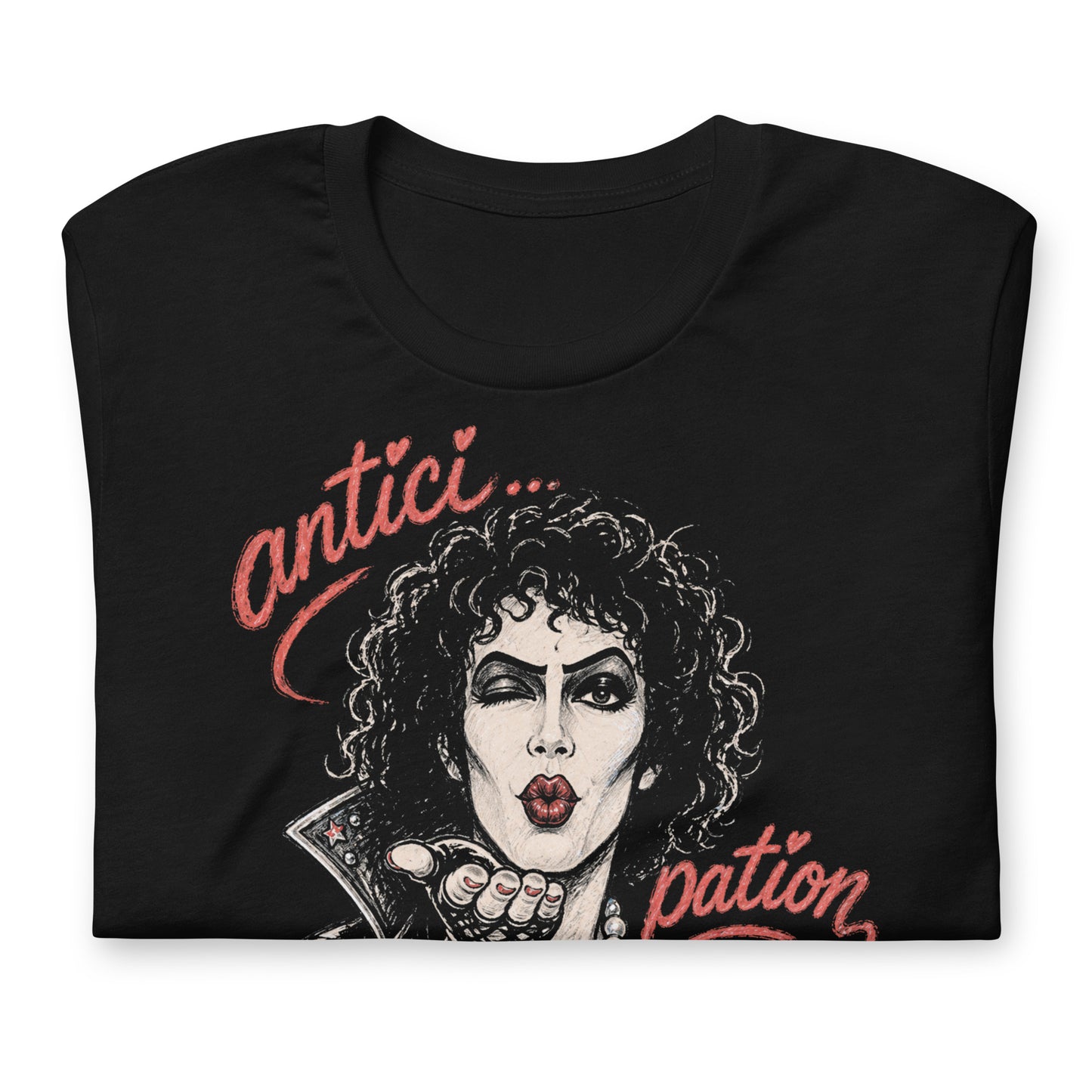 A gritty, high-contrast artistic portrait of Frank N. Furter on a black t-shirt, featuring his iconic curls and makeup with the word "ANTICIPATION" in distressed lipstick lettering.