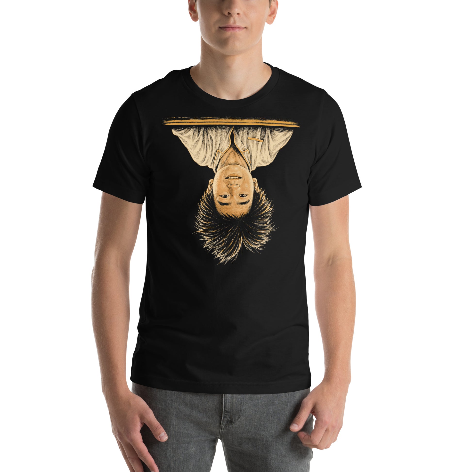 A black t-shirt featuring the iconic image of Long Duk Dong upside down from the scene "What's Happenin Hot Stuff" in the 80s comedy Sixteen Candles.
