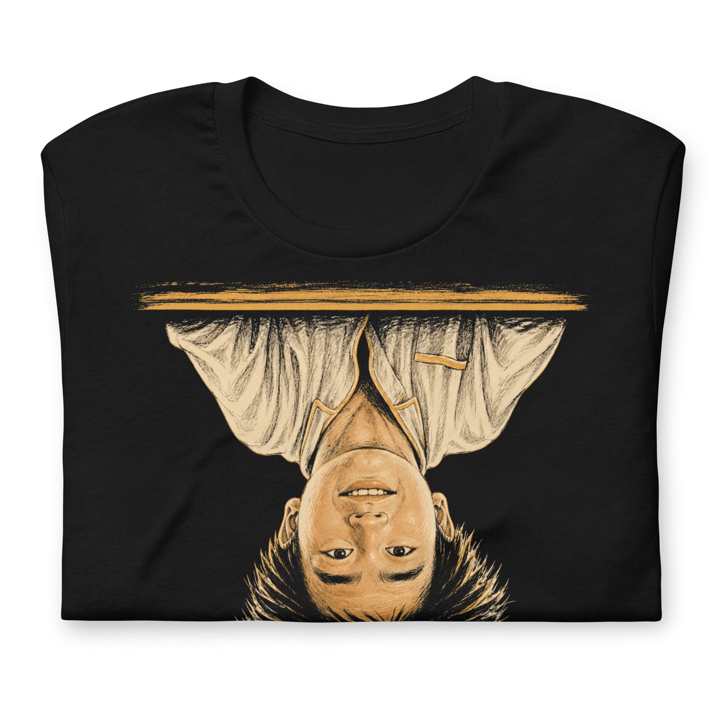 A black t-shirt featuring the iconic image of Long Duk Dong upside down from the scene "What's Happenin Hot Stuff" in the 80s comedy Sixteen Candles.