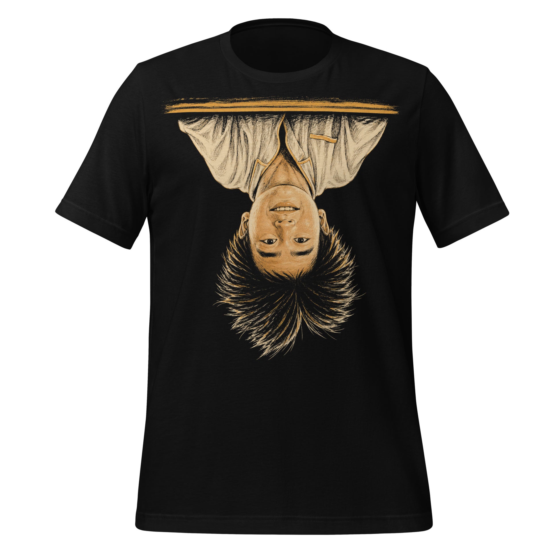 A black t-shirt featuring the iconic image of Long Duk Dong upside down from the scene "What's Happenin Hot Stuff" in the 80s comedy Sixteen Candles.