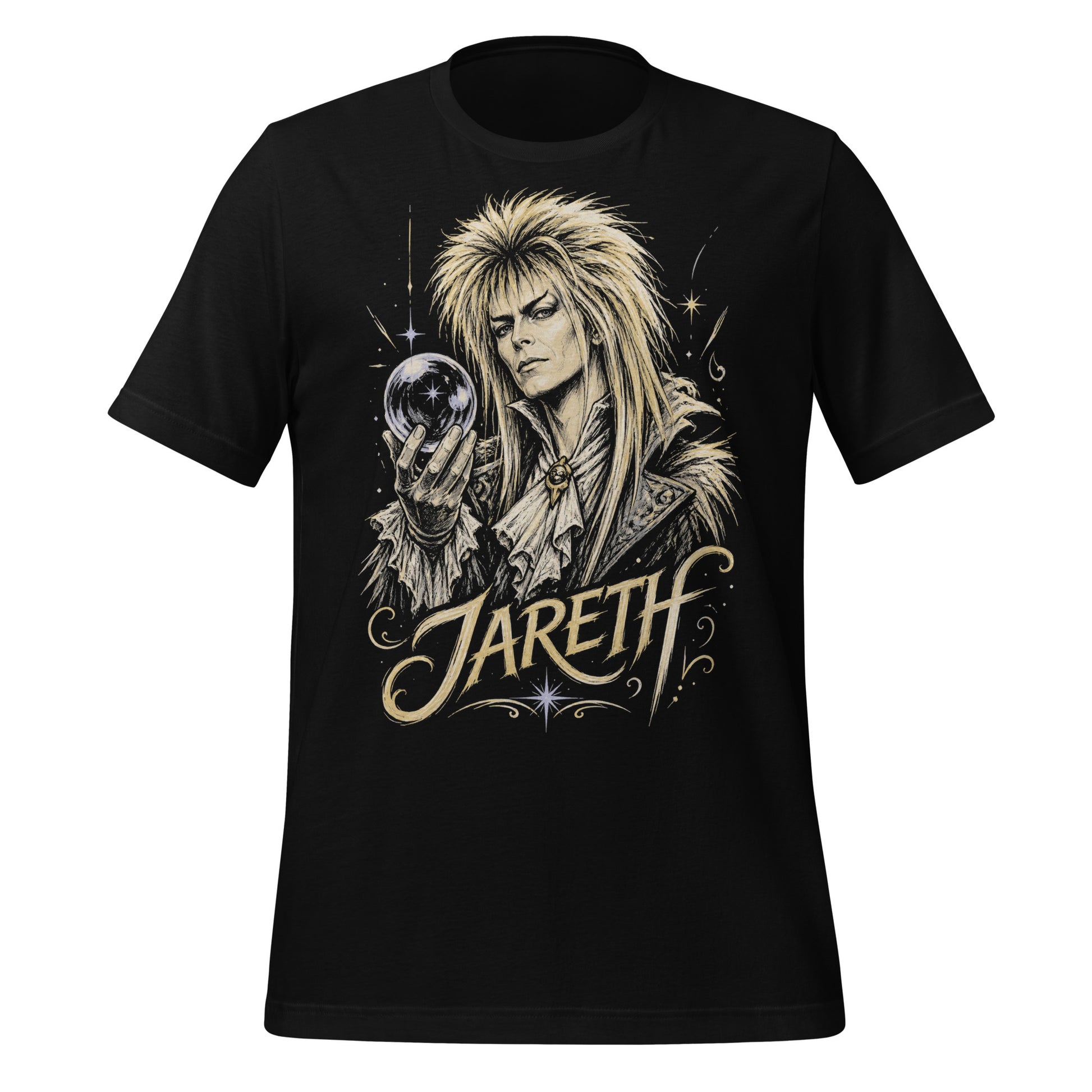 A gritty, high-contrast artistic portrait of Jareth the Goblin King on a black t-shirt, featuring his iconic 80s glam hair and a crystal ball with a starburst.