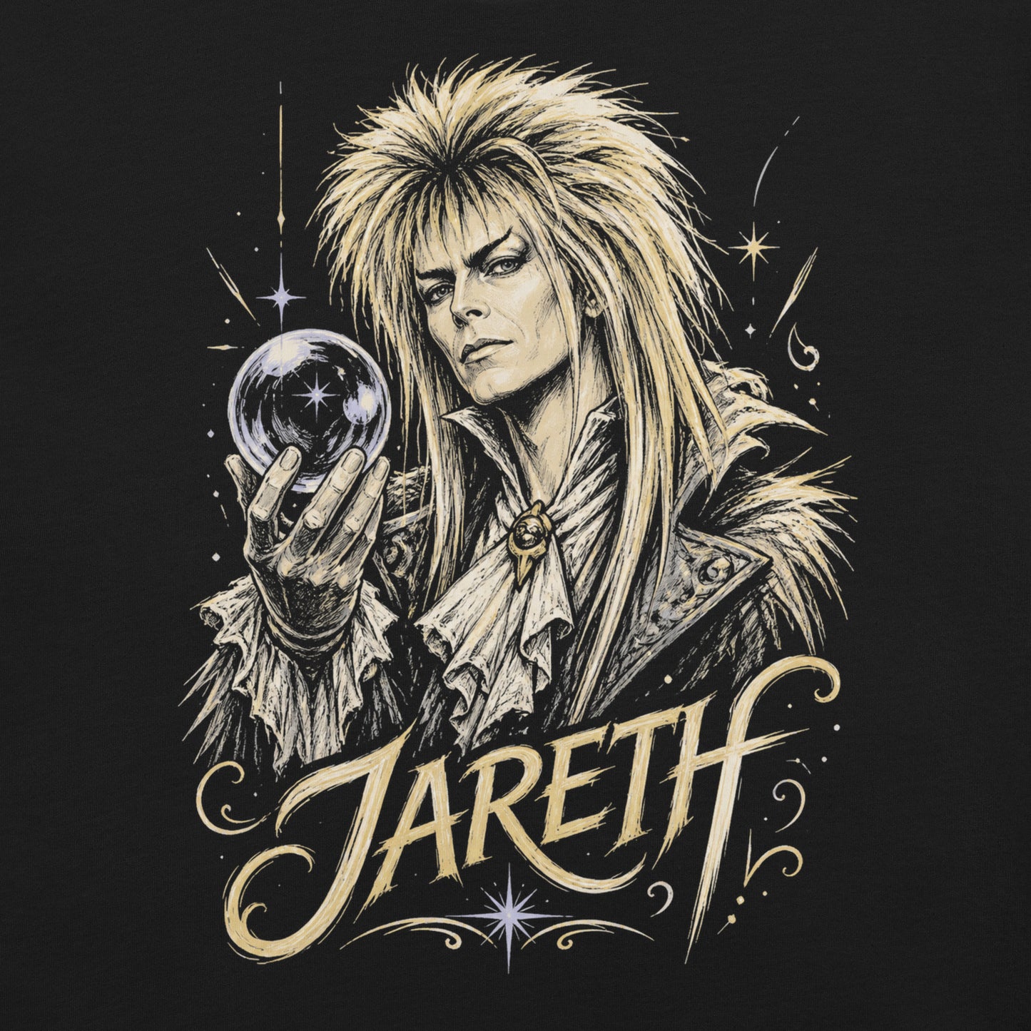 A gritty, high-contrast artistic portrait of Jareth the Goblin King on a black t-shirt, featuring his iconic 80s glam hair and a crystal ball with a starburst.