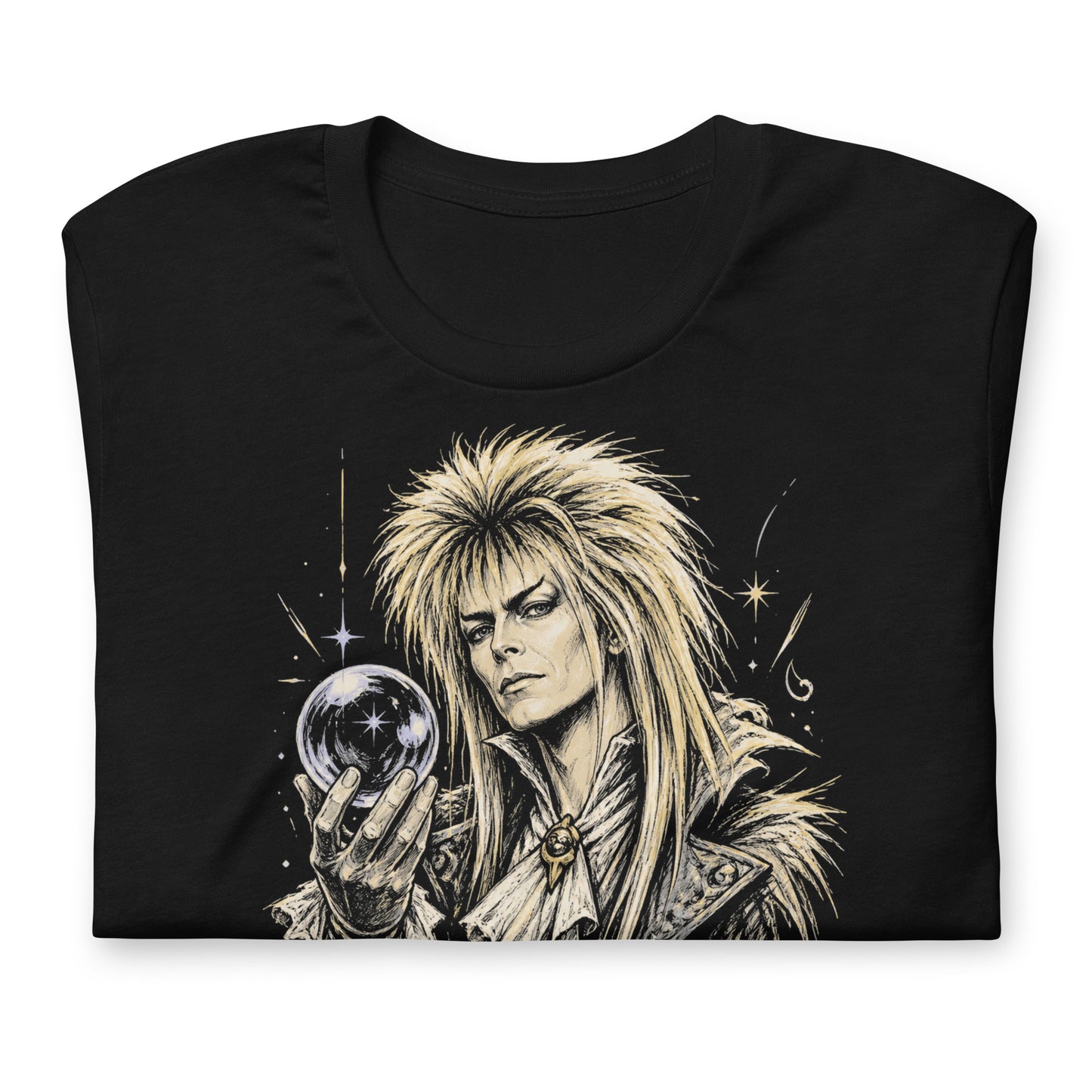 A gritty, high-contrast artistic portrait of Jareth the Goblin King on a black t-shirt, featuring his iconic 80s glam hair and a crystal ball with a starburst.