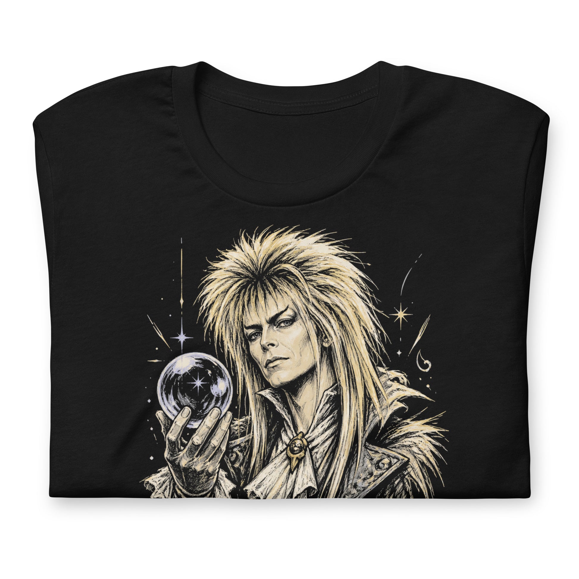 A gritty, high-contrast artistic portrait of Jareth the Goblin King on a black t-shirt, featuring his iconic 80s glam hair and a crystal ball with a starburst.