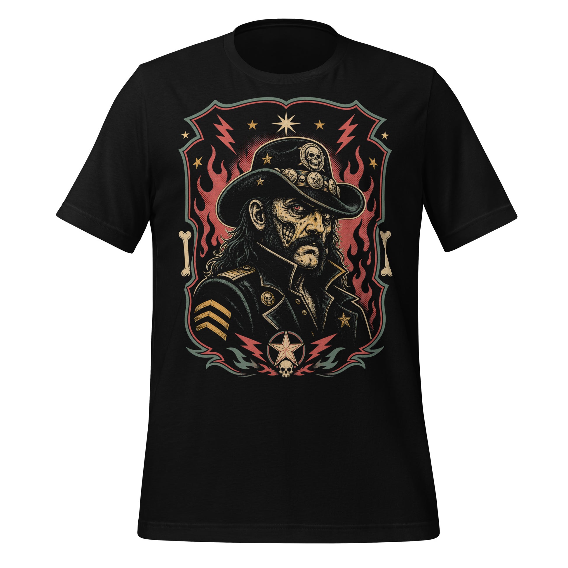 Graphic t-shirt design featuring a lowbrow undead version of Lemmy in a military-style hat with skulls and stars, framed by red flames and lightning bolts on a black background.