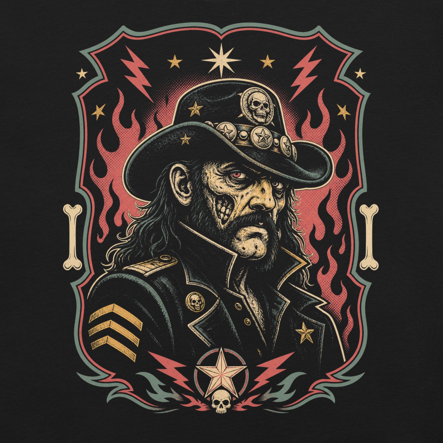 Graphic t-shirt design featuring a lowbrow undead version of Lemmy in a military-style hat with skulls and stars, framed by red flames and lightning bolts on a black background.
