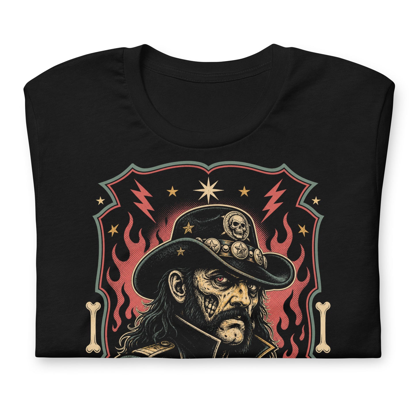 Graphic t-shirt design featuring a lowbrow undead version of Lemmy in a military-style hat with skulls and stars, framed by red flames and lightning bolts on a black background.