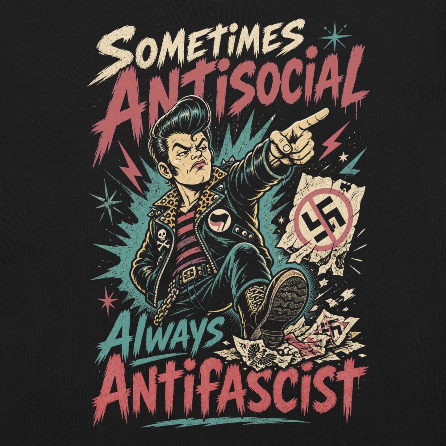 A gritty, lowbrow illustration on a black t-shirt of a pompadoured greaser in a leopard-print lined leather jacket, kicking over hate symbols. Text reads 'Sometimes Antisocial Always Antifascist' in a distressed punk-style font.