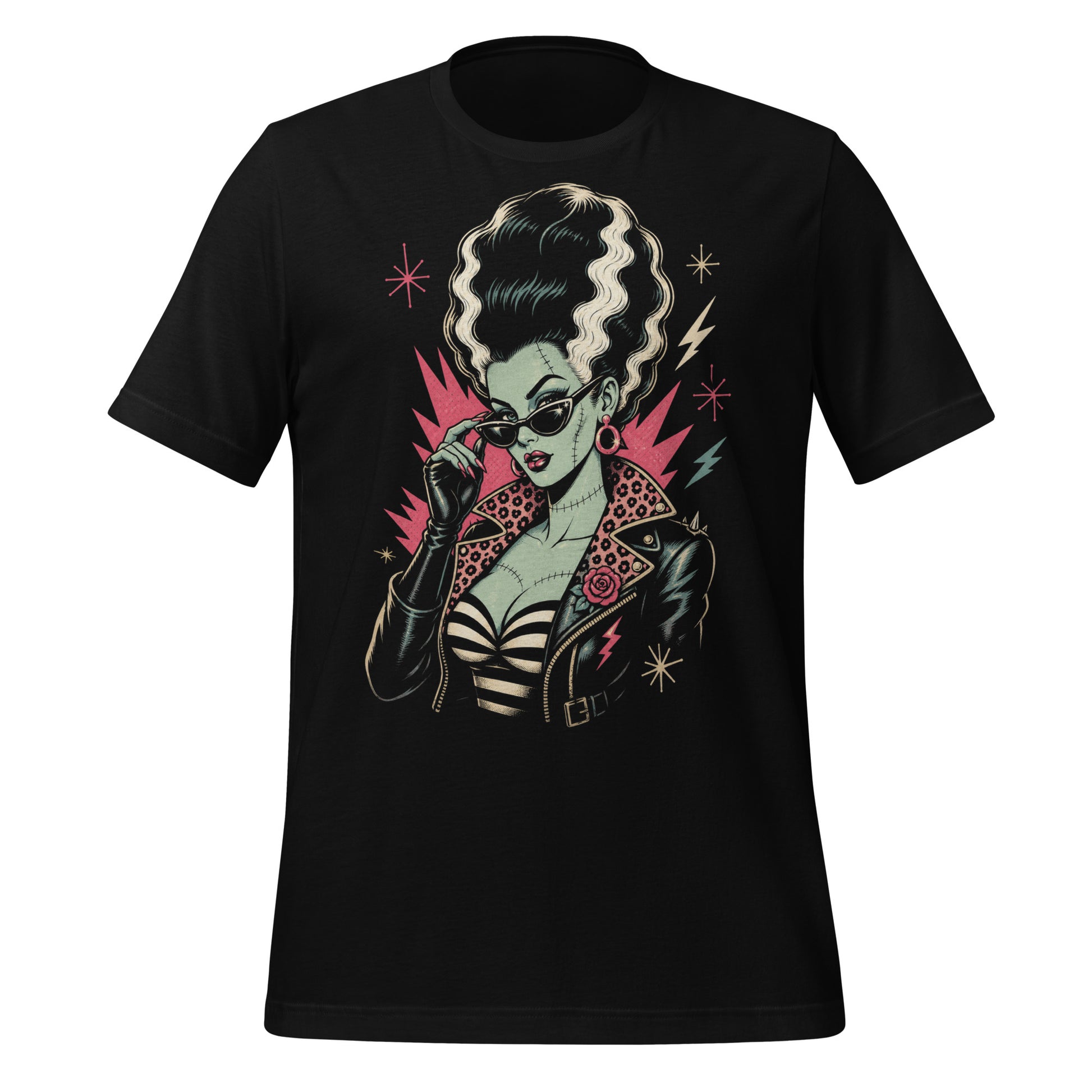 Artistic illustration of a green-skinned monster bride with high-volume black and white hair, cat-eye sunglasses, and a leopard-print lined leather jacket on a black t-shirt.