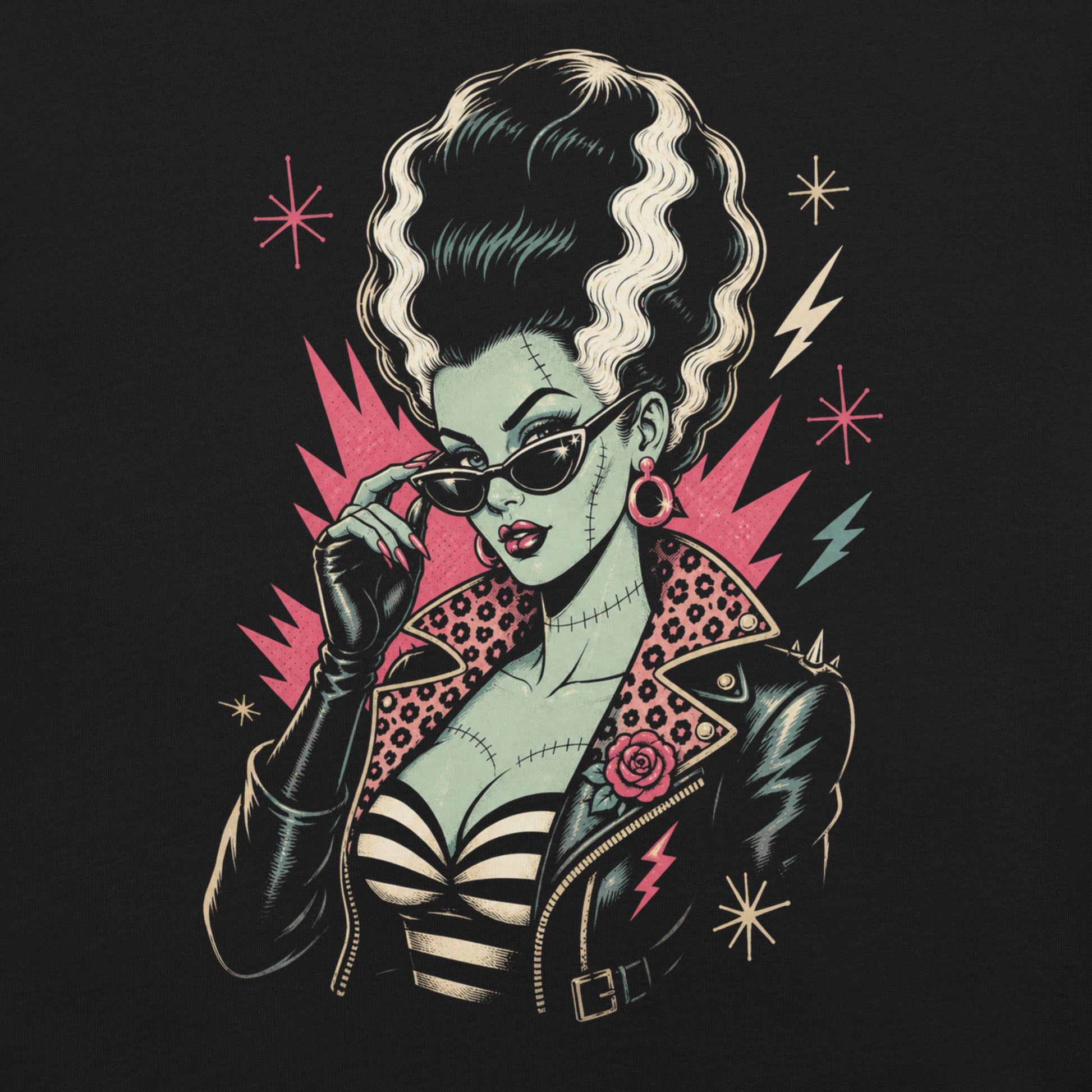 Artistic illustration of a green-skinned monster bride with high-volume black and white hair, cat-eye sunglasses, and a leopard-print lined leather jacket on a black t-shirt.