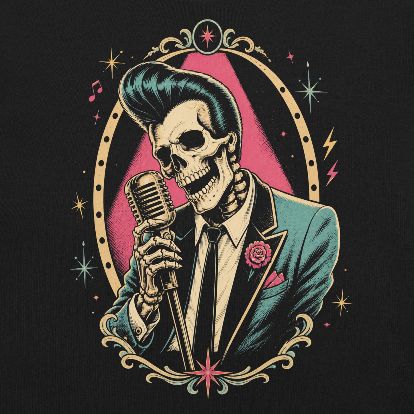 A skeleton with a large pompadour hairstyle wearing a suit and singing into a vintage microphone, set within a decorative gold frame with starbursts.
