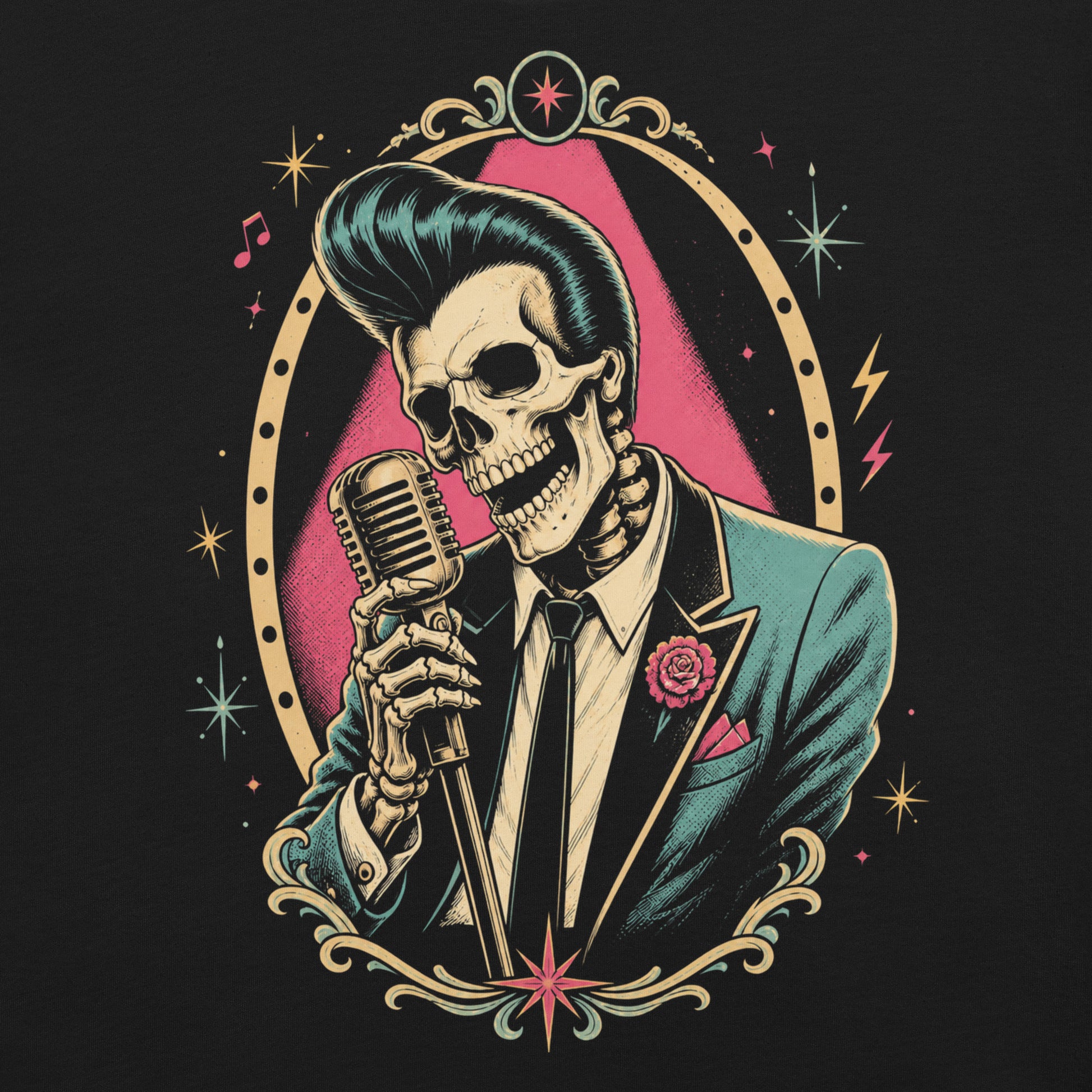 A skeleton with a large pompadour hairstyle wearing a suit and singing into a vintage microphone, set within a decorative gold frame with starbursts.