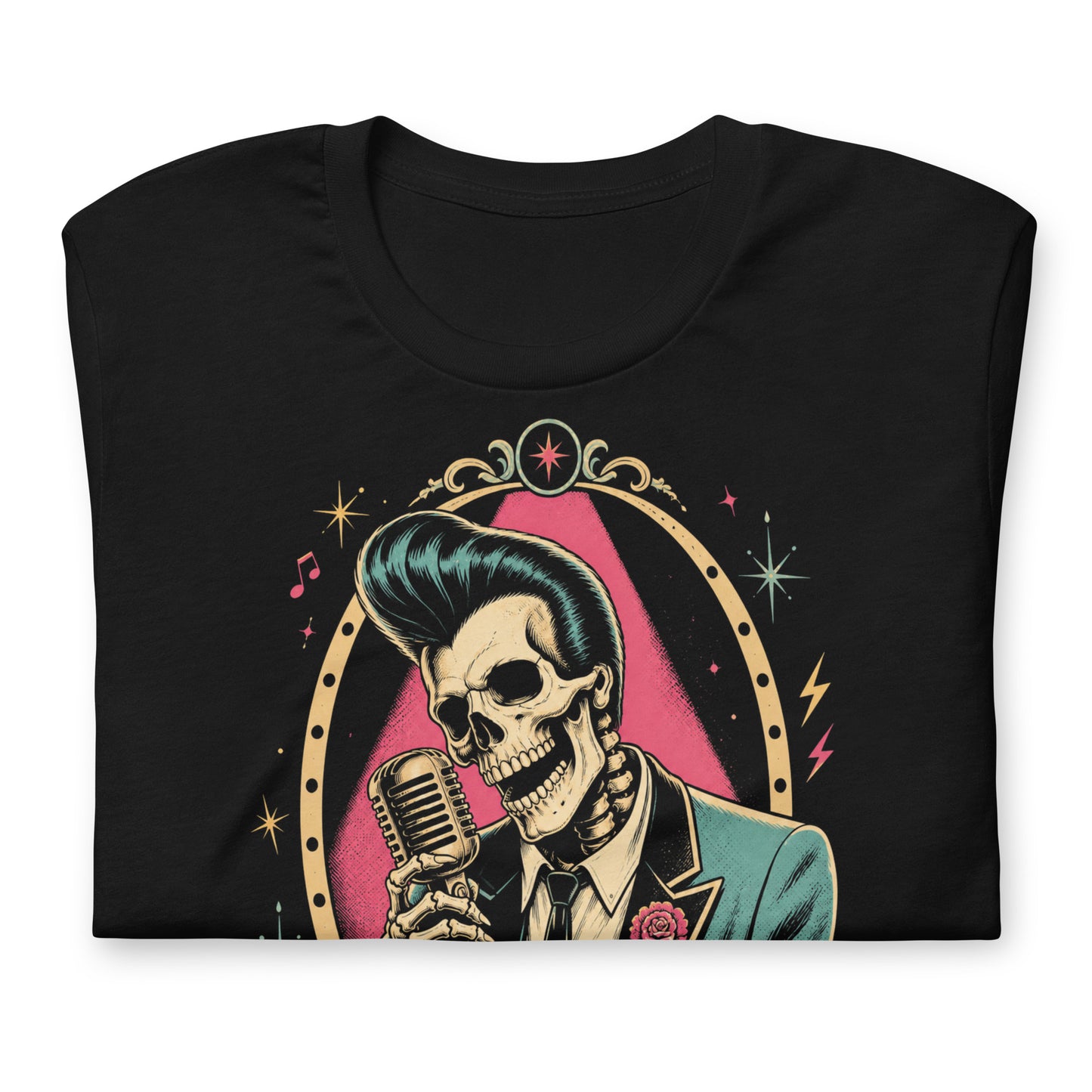 A skeleton with a large pompadour hairstyle wearing a suit and singing into a vintage microphone, set within a decorative gold frame with starbursts.