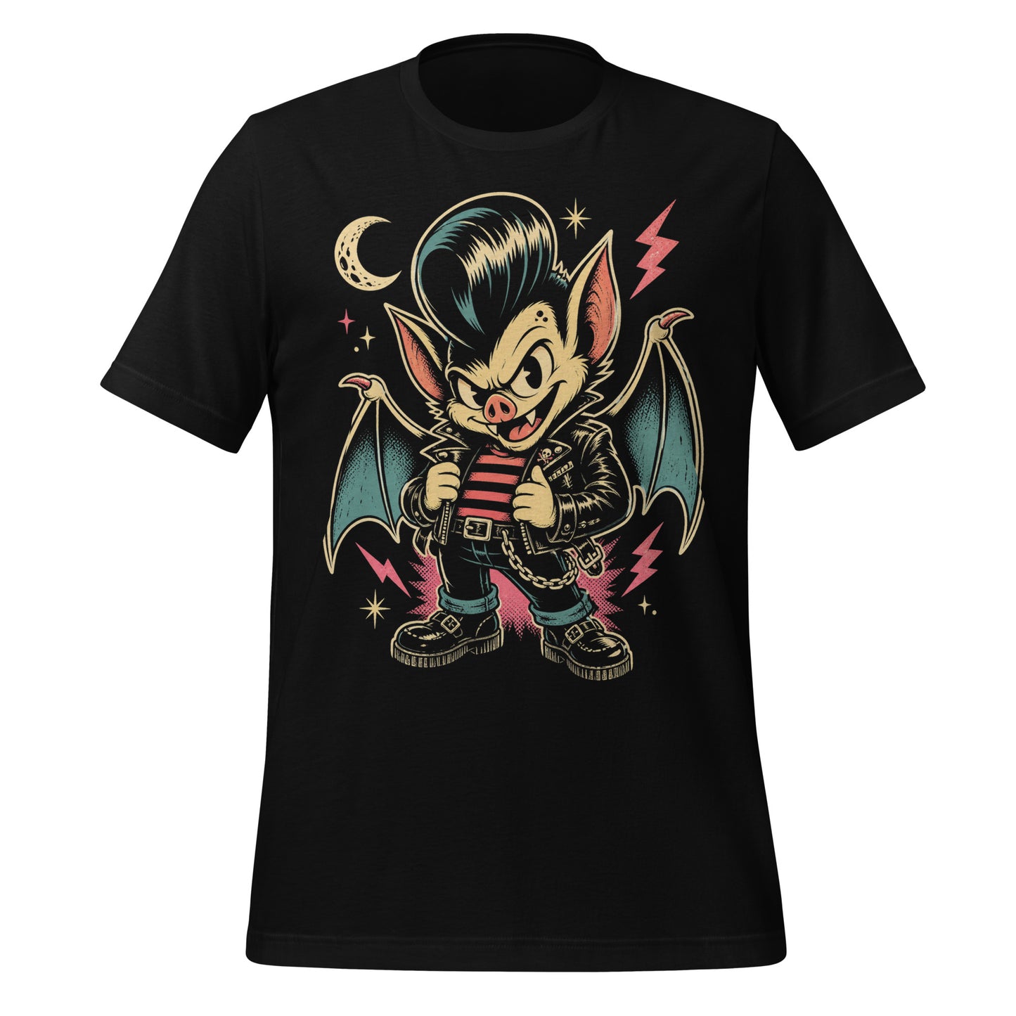 A cartoon-style vampire bat greaser with a pompadour, wearing a leather jacket and striped shirt, standing in a defiant pose with lightning bolts and a crescent moon on our premium black tee.