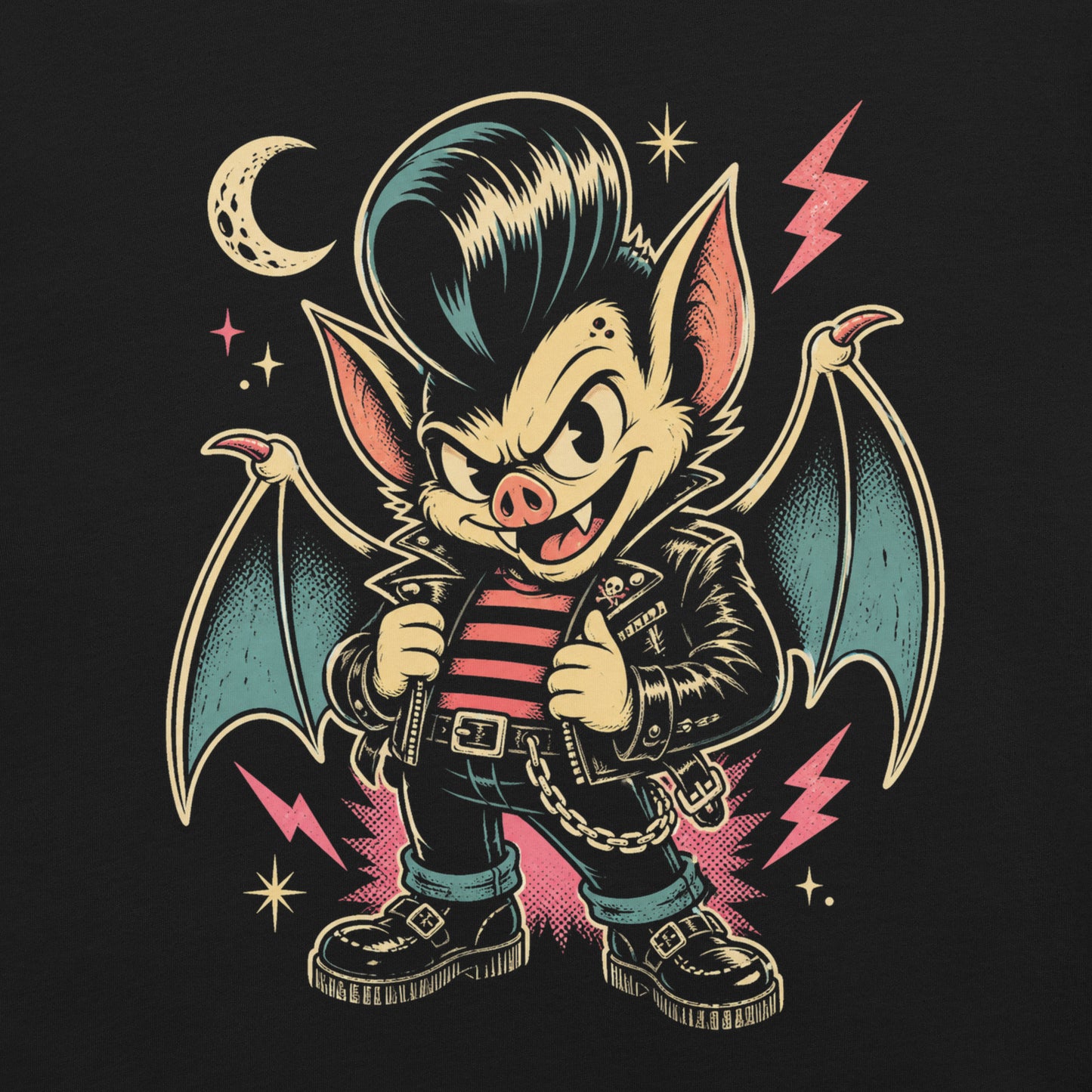 A cartoon-style vampire bat greaser with a pompadour, wearing a leather jacket and striped shirt, standing in a defiant pose with lightning bolts and a crescent moon on our premium black tee.