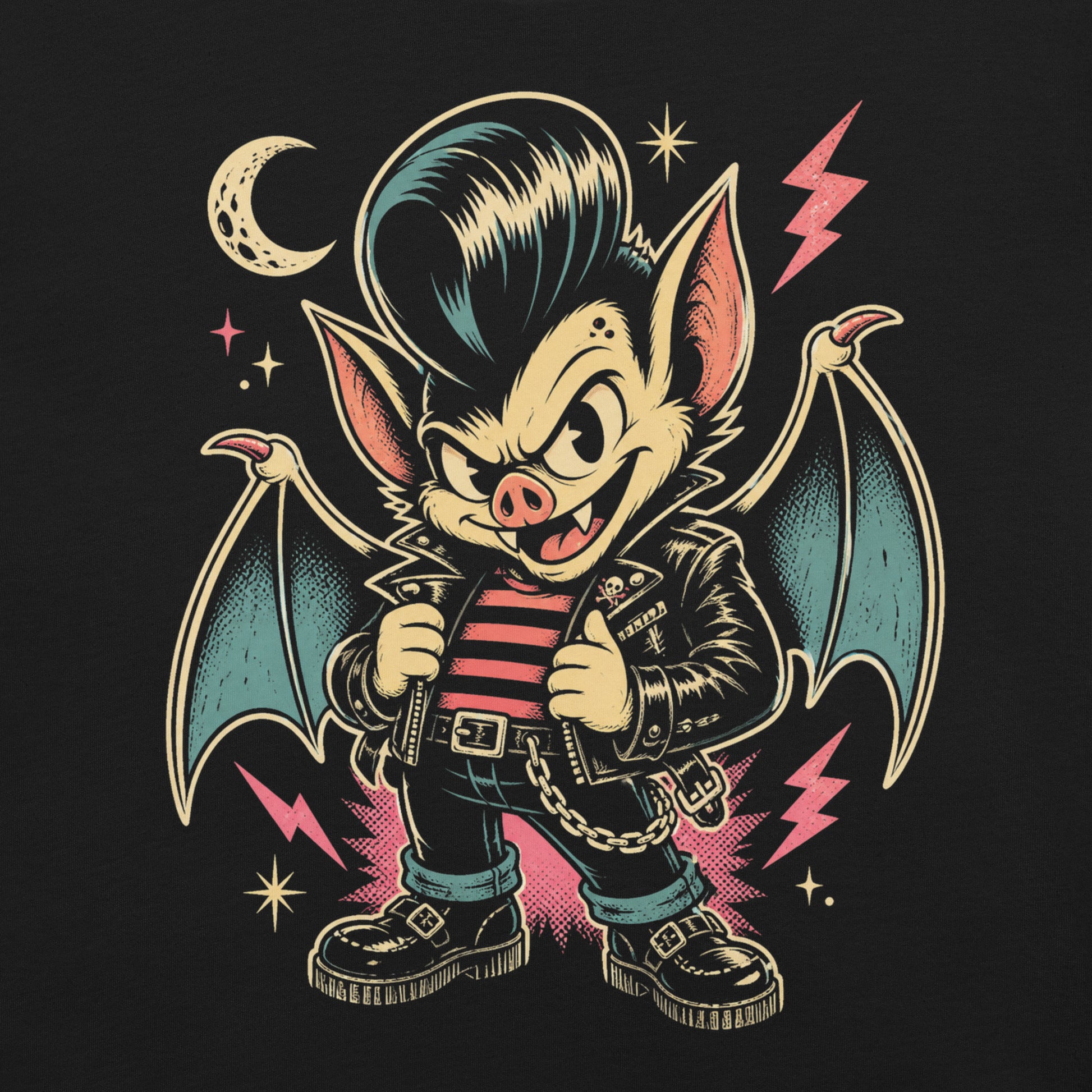 A cartoon-style vampire bat greaser with a pompadour, wearing a leather jacket and striped shirt, standing in a defiant pose with lightning bolts and a crescent moon on our premium black tee.