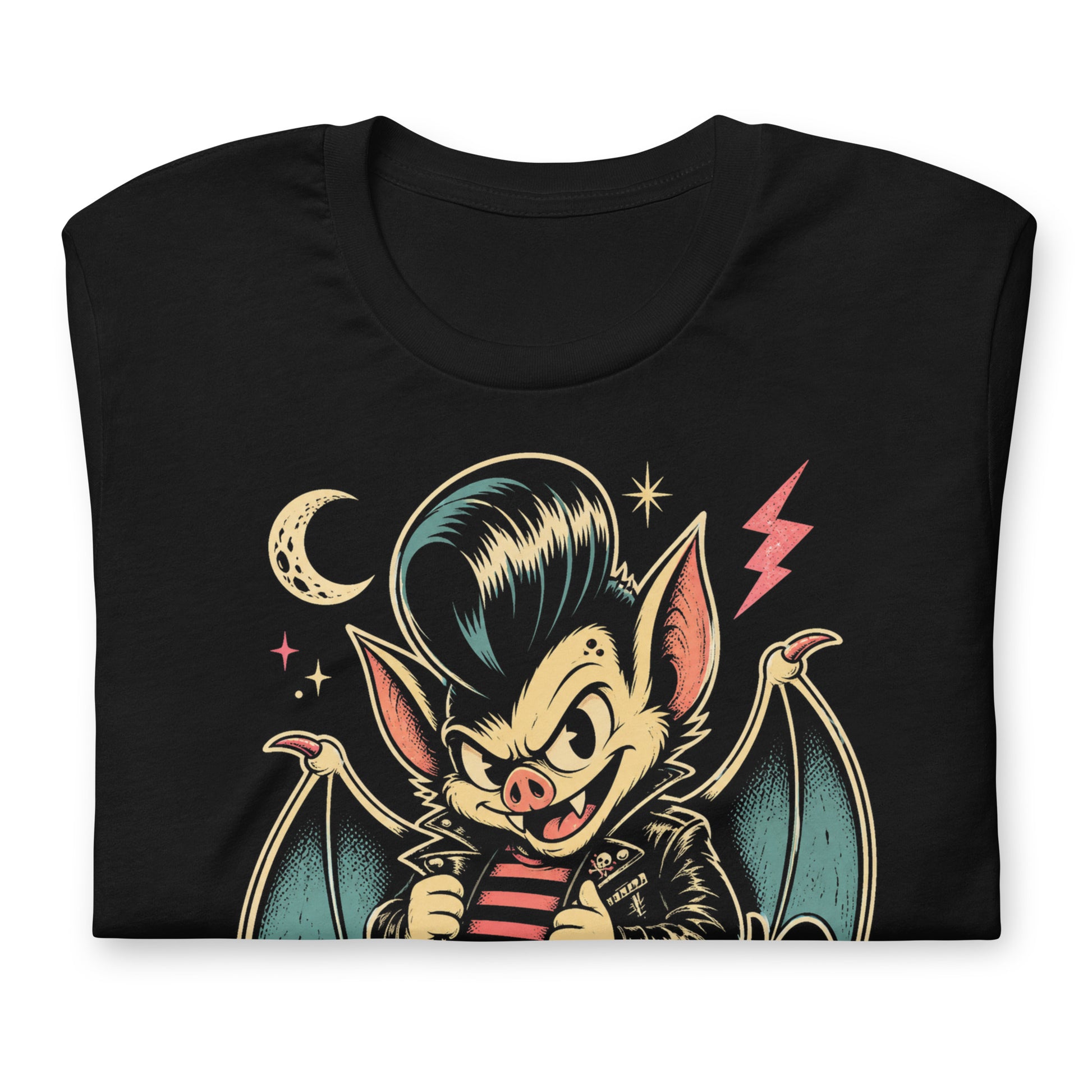 A cartoon-style vampire bat greaser with a pompadour, wearing a leather jacket and striped shirt, standing in a defiant pose with lightning bolts and a crescent moon on our premium black tee.