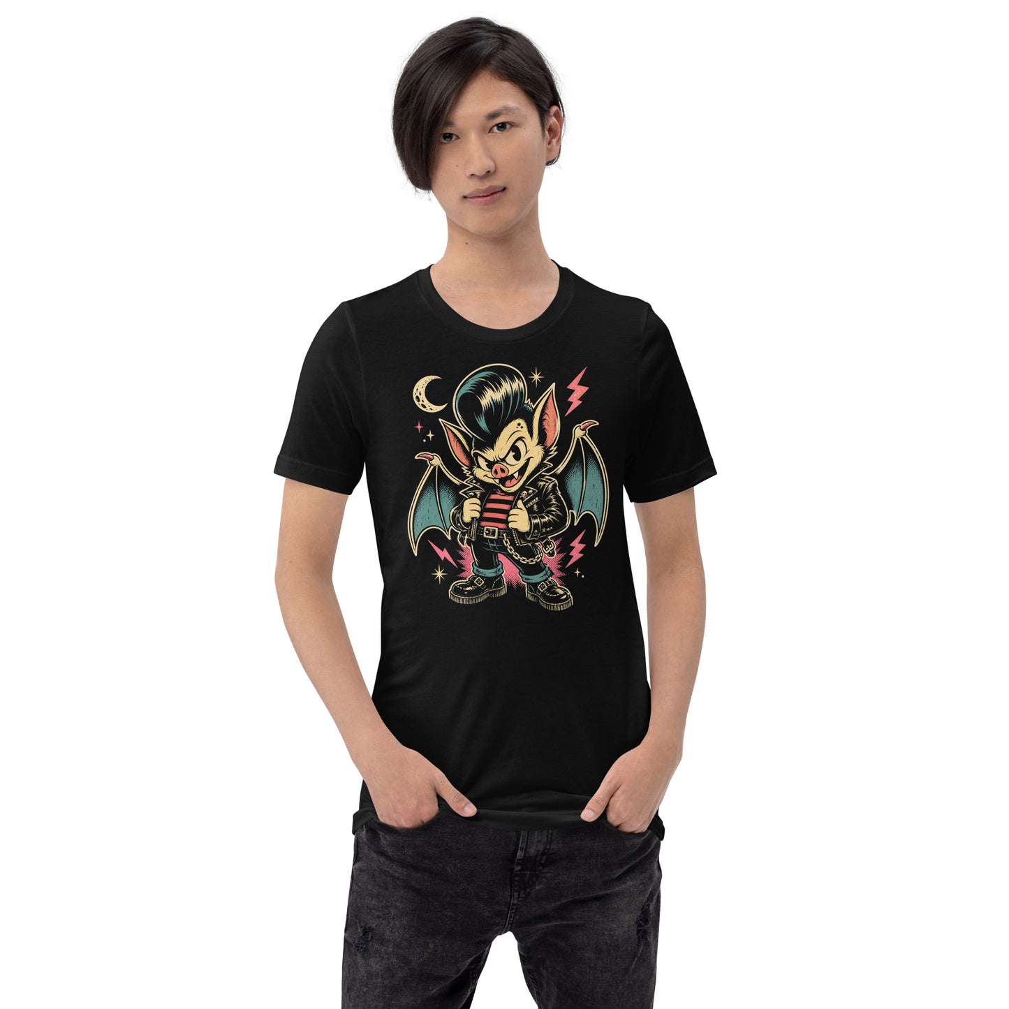 A cartoon-style vampire bat greaser with a pompadour, wearing a leather jacket and striped shirt, standing in a defiant pose with lightning bolts and a crescent moon on our premium black tee.