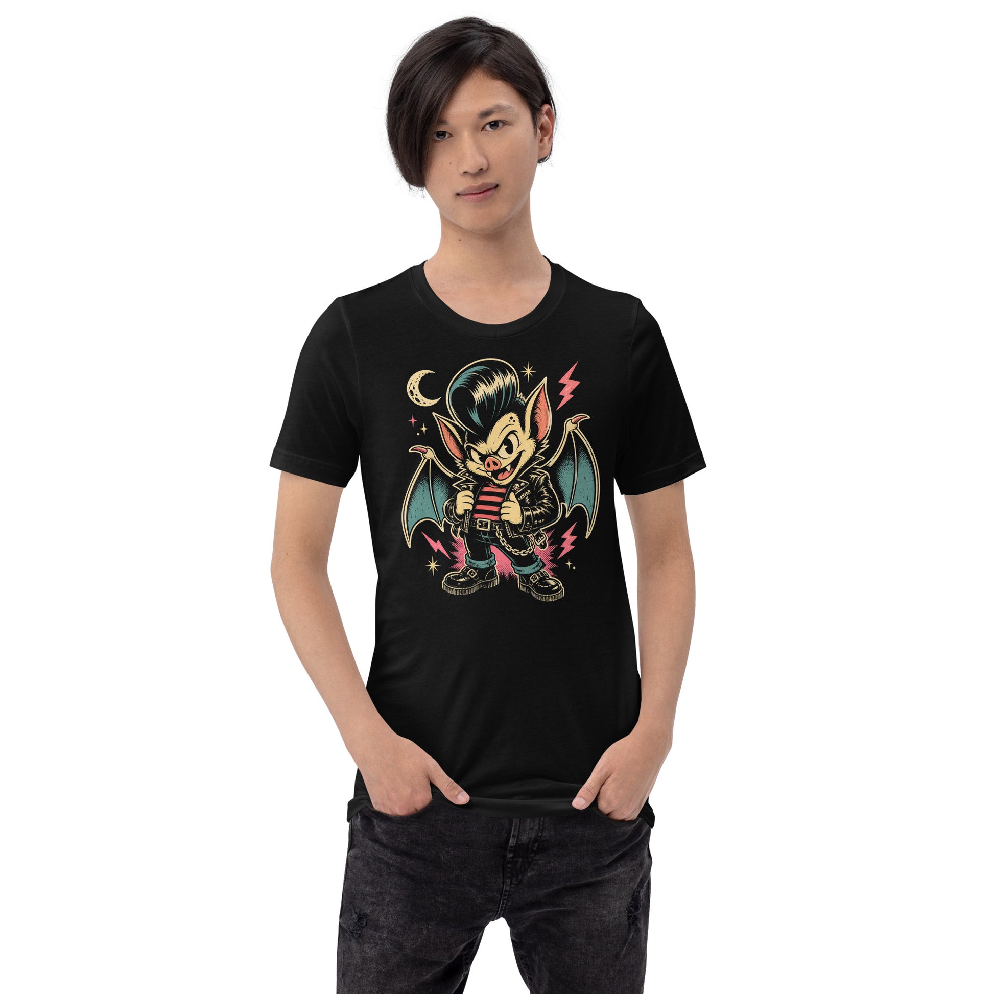A cartoon-style vampire bat greaser with a pompadour, wearing a leather jacket and striped shirt, standing in a defiant pose with lightning bolts and a crescent moon on our premium black tee.