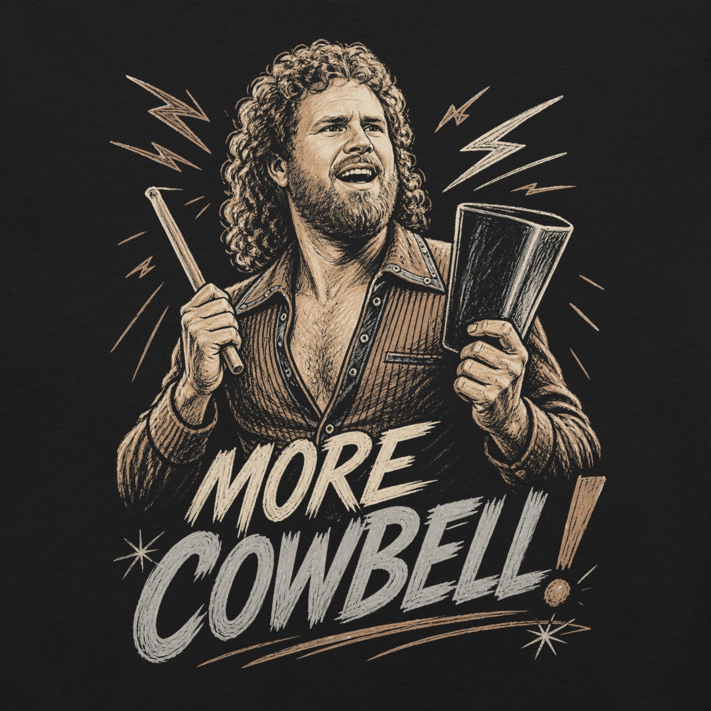 A gritty, woodcut-style illustration on a black t-shirt featuring a bearded man with curly hair and an open-collared 70s shirt holding a cowbell and drumstick, with the text 'MORE COWBELL!' in a distressed font.