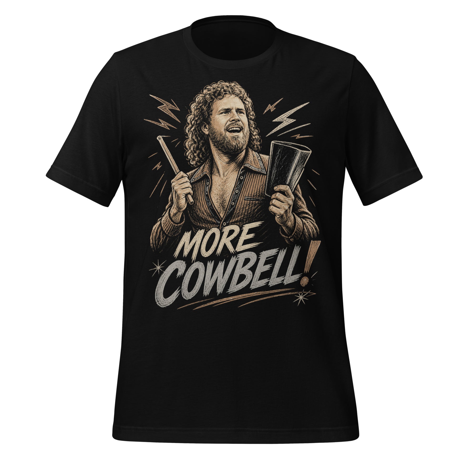 A gritty, woodcut-style illustration on a black t-shirt featuring a bearded man with curly hair and an open-collared 70s shirt holding a cowbell and drumstick, with the text 'MORE COWBELL!' in a distressed font.
