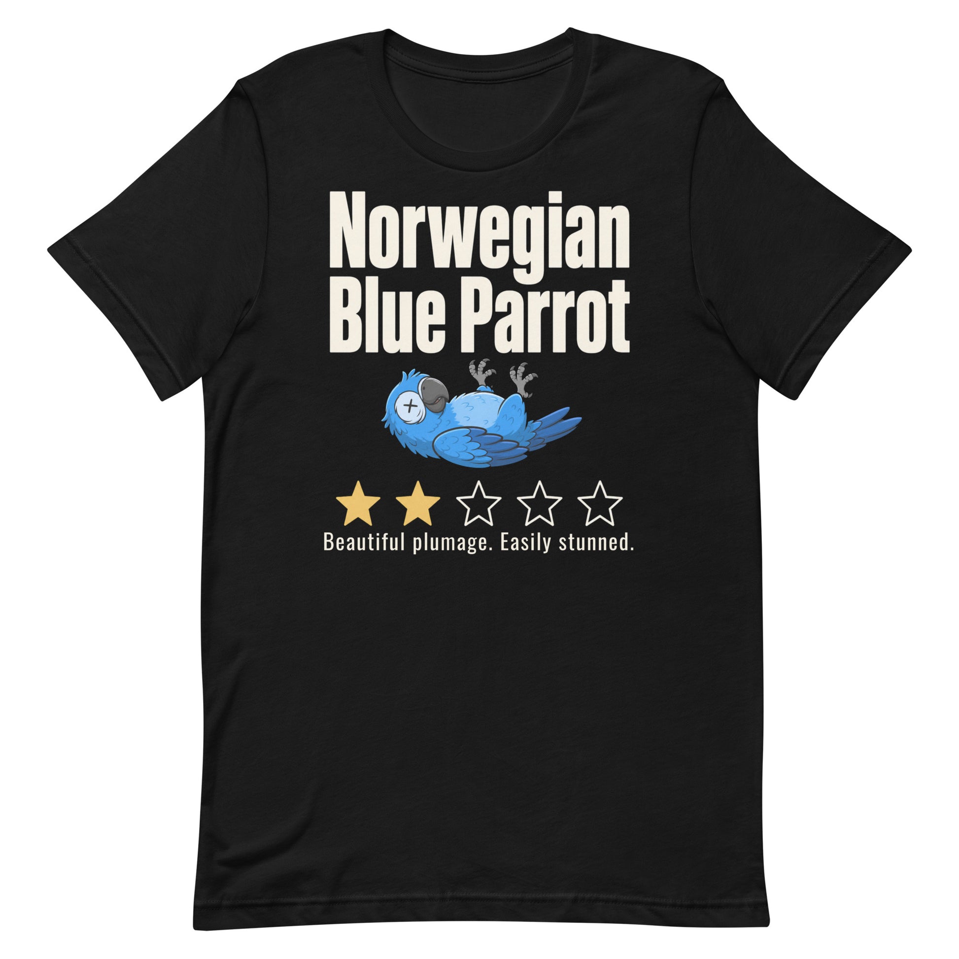 Funny blue parrot t-shirt design with two-star review text reading Beautiful plumage Easily stunned
