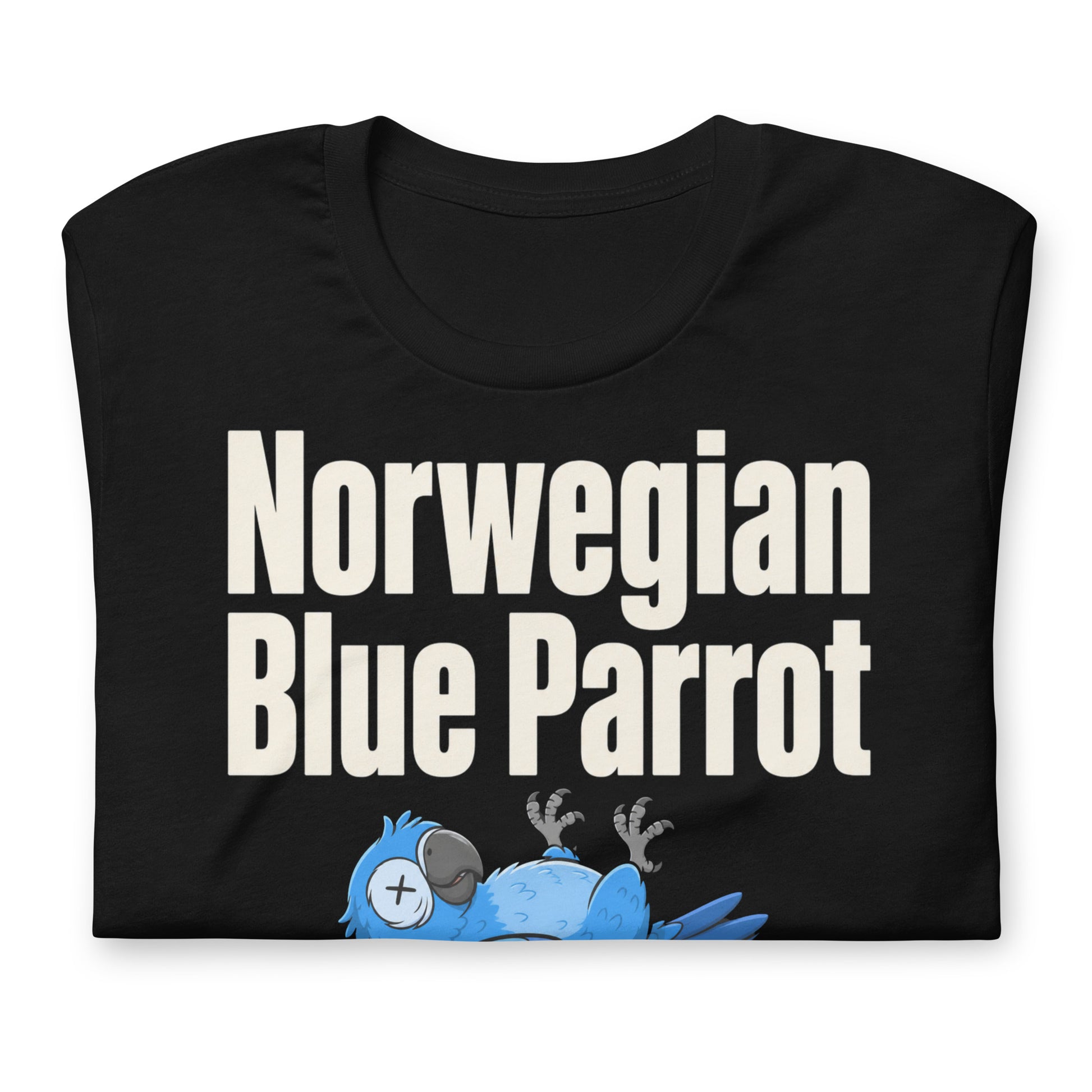 Funny blue parrot t-shirt design with two-star review text reading Beautiful plumage Easily stunned