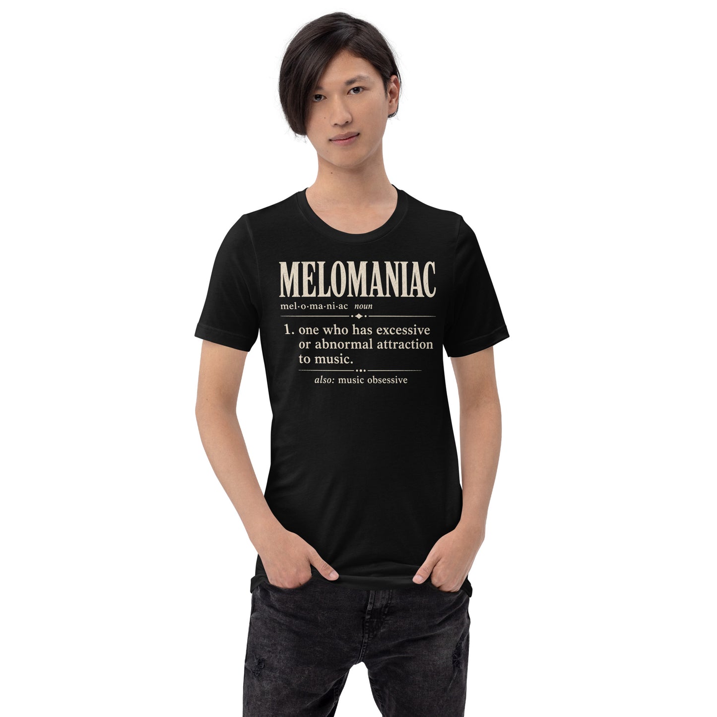 Model wearing black Melomaniac music lover t-shirt with vintage dictionary definition graphic