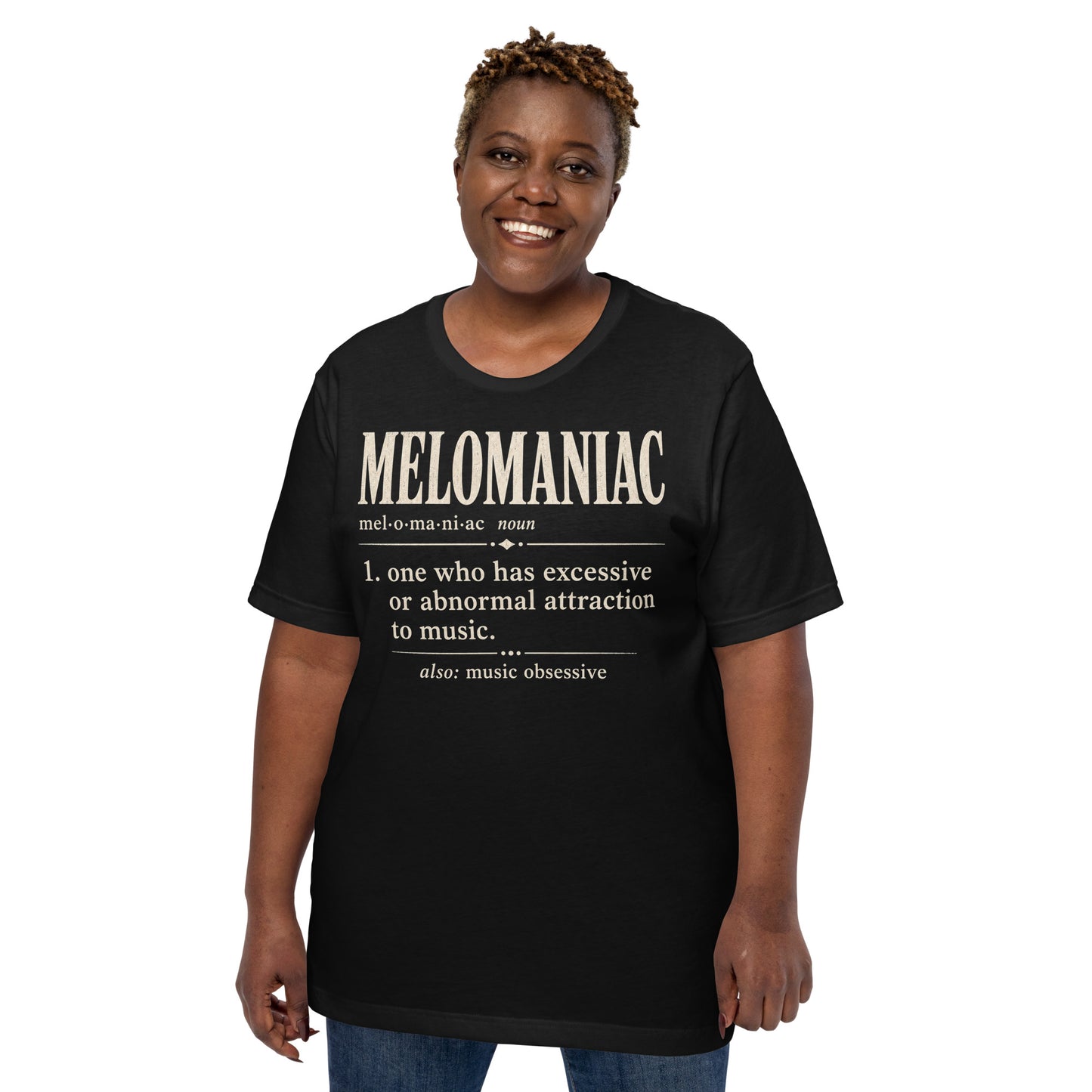 Model wearing black Melomaniac music lover t-shirt with vintage dictionary definition graphic